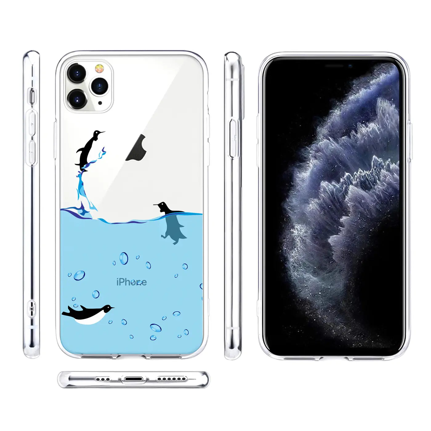 Transparente TPU-Hülle für iPhone 11 Pro mit Pinguin-Motivdruck, Vorder-, Rück- und Seitenansichten.
