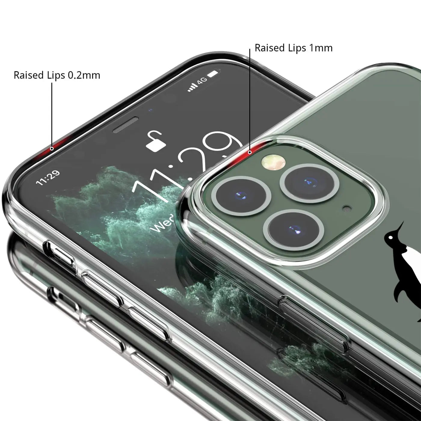 Transparentes TPU-Case mit Pinguin-Motiv für iPhone 11 Pro, Nahaufnahme der erhöhten Ränder um Display und Kameras.