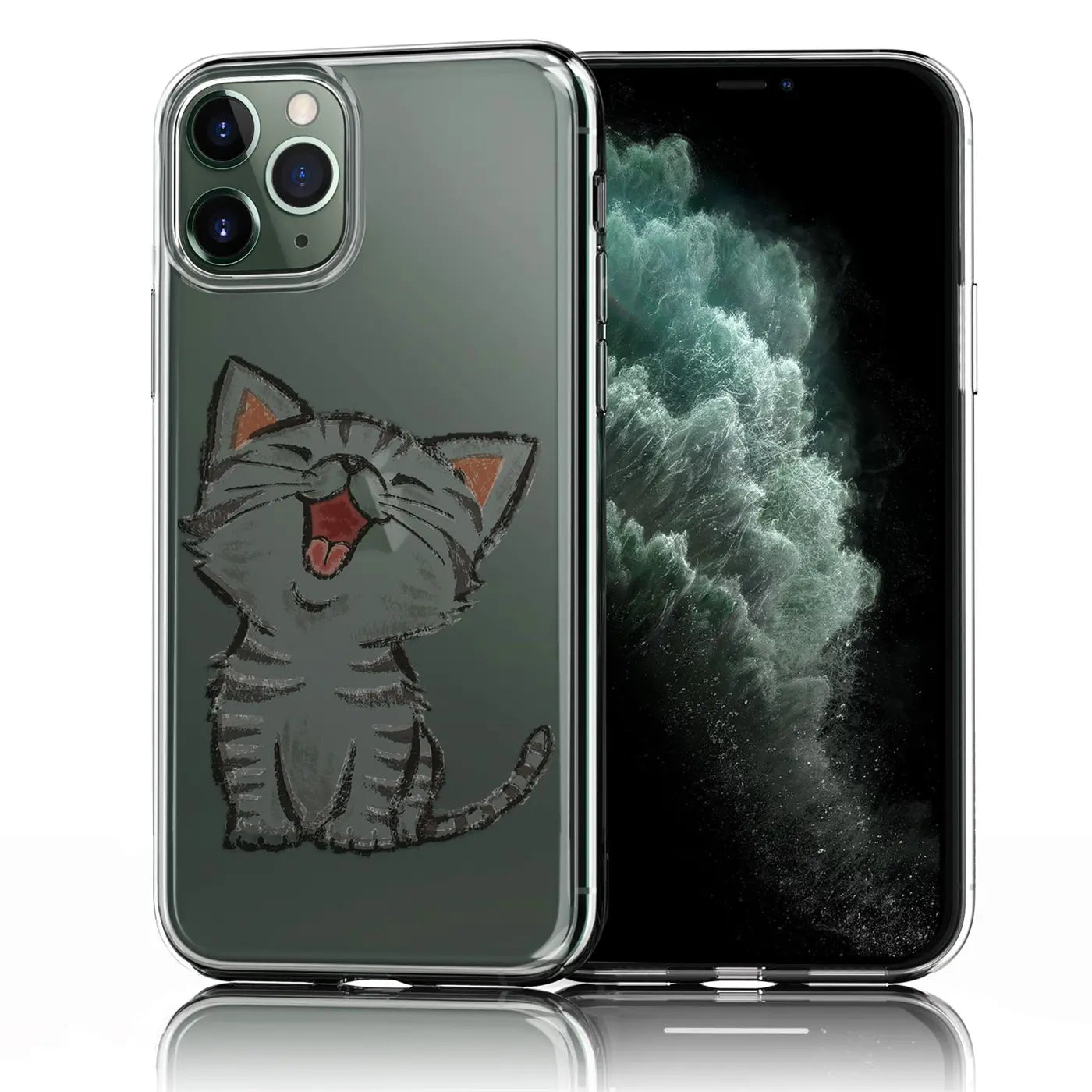 Transparentes TPU-Case für iPhone 11 Pro Max, Rückseite mit lachendem, grau-gestreiftem Kätzchen-Motiv.