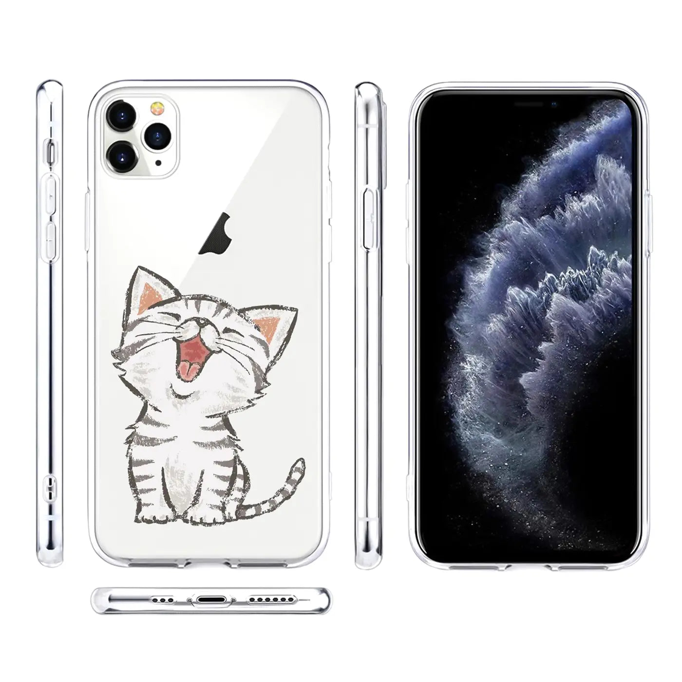 Transparente TPU-Hülle für iPhone 11 Pro Max mit lachendem Katzenmotiv, Ansichten von Rückseite, Seiten und Unterseite.