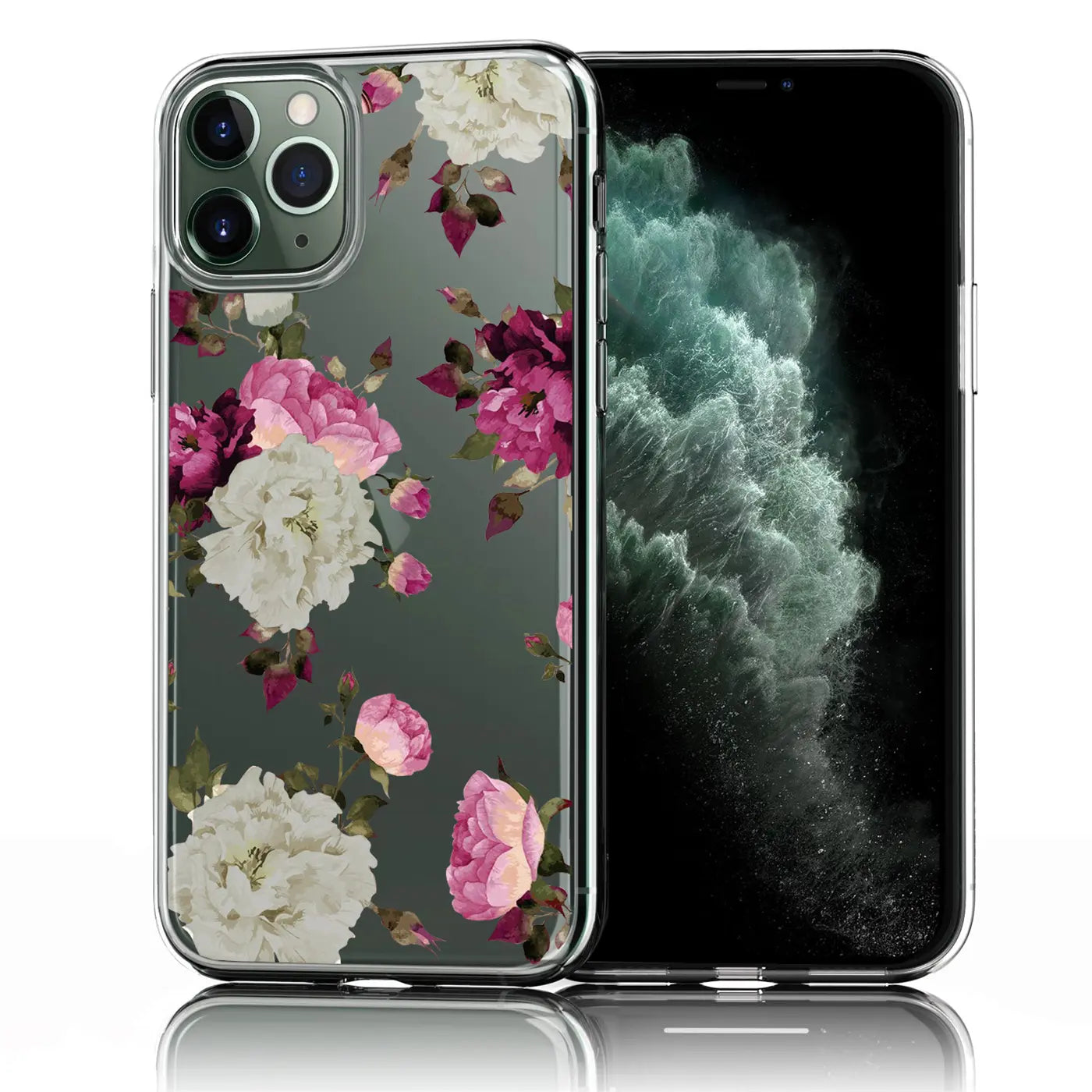 Klares TPU-Case für iPhone 11 Pro mit weiß-pinkem Blumenmuster, Rückseite und Display von vorne sichtbar.