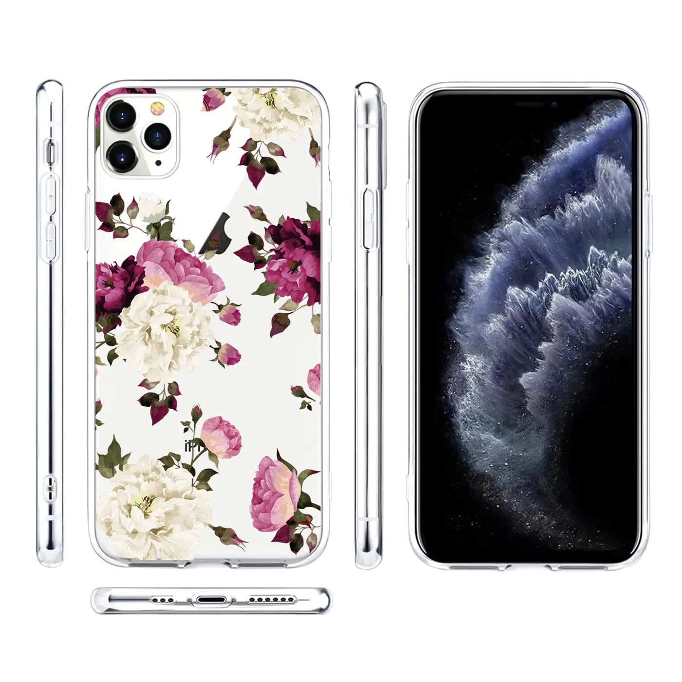 Transparente TPU-Hülle für iPhone 11 Pro mit weißem, rosa und bordeauxfarbenem Blumenmuster, Ansichten von hinten, vorne und.