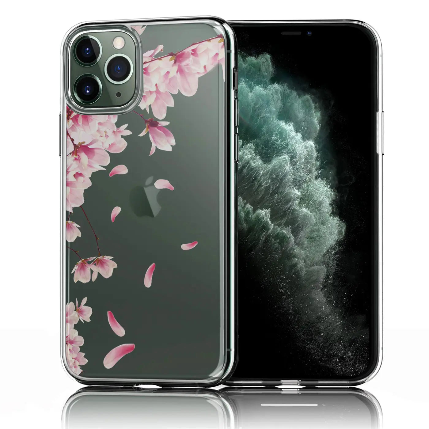 Transparente TPU-Hülle für iPhone 11 Pro Max, Rückseite mit rosa Kirschblüten-Motiv, schräg von vorne.