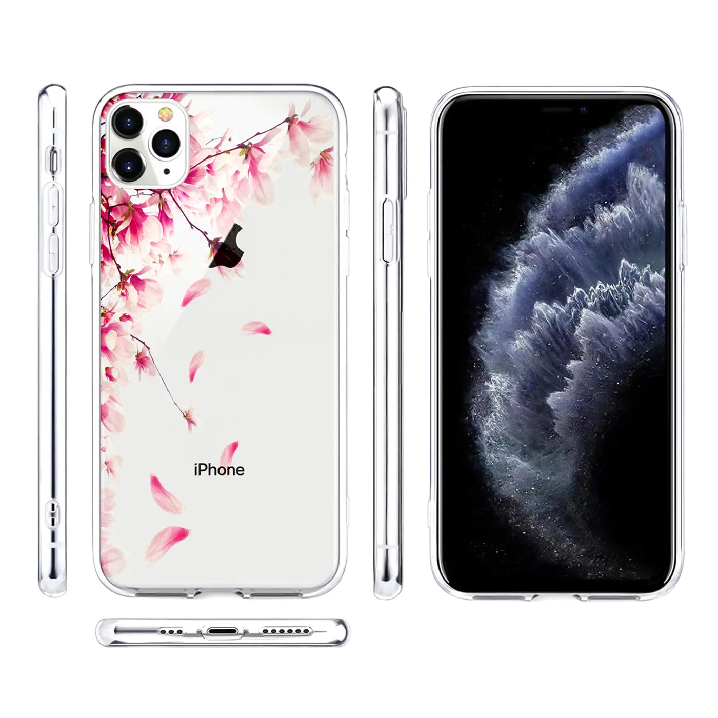 iPhone 11 Pro Max Hülle, transparentes TPU mit rosa Kirschblütenmotiv, Ansichten von vorne, hinten, Seite und unten.