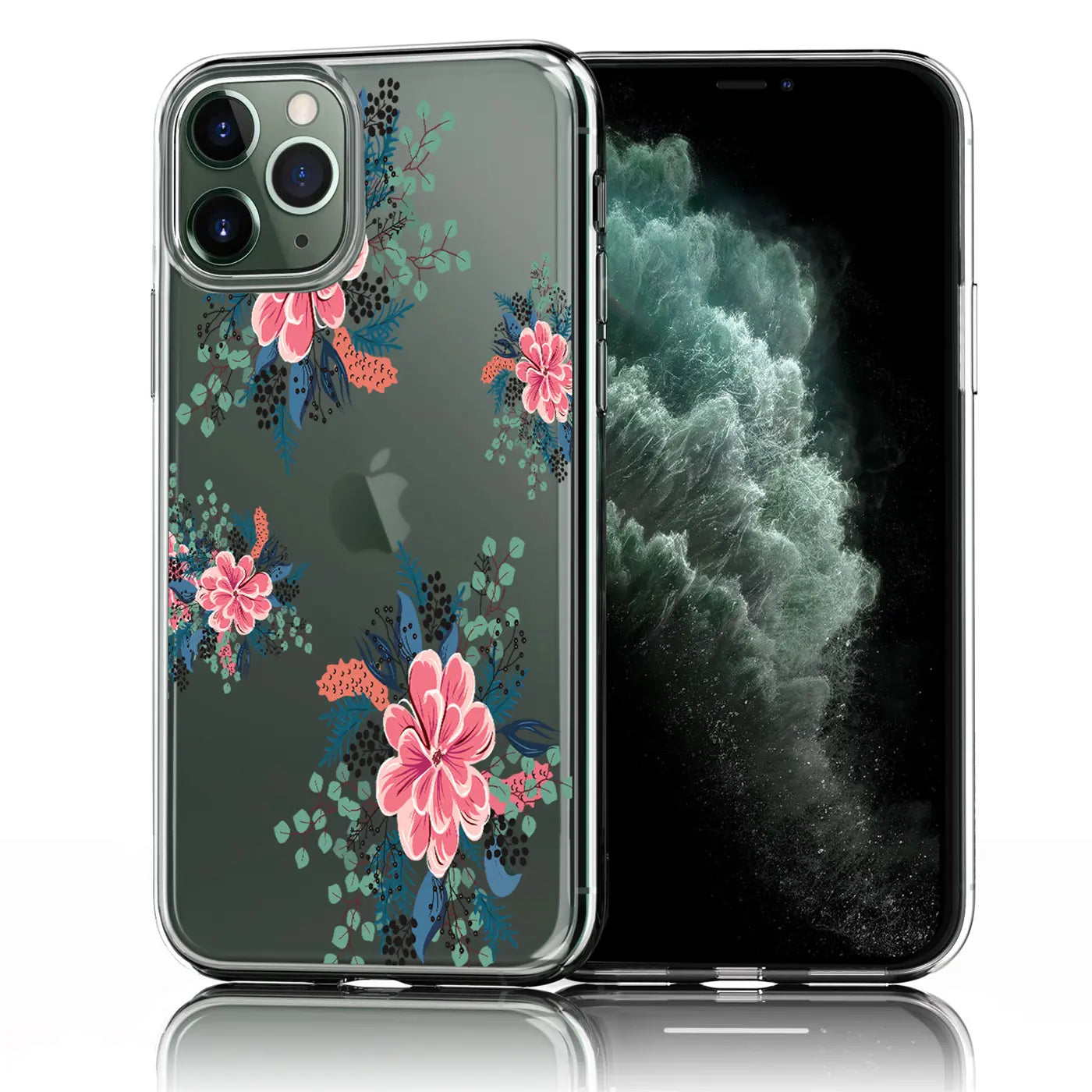 Transparente TPU-Hülle für iPhone 11 Pro Max mit pinkem Blumen- und grünem Blättermotiv, leicht schräg von hinten.
