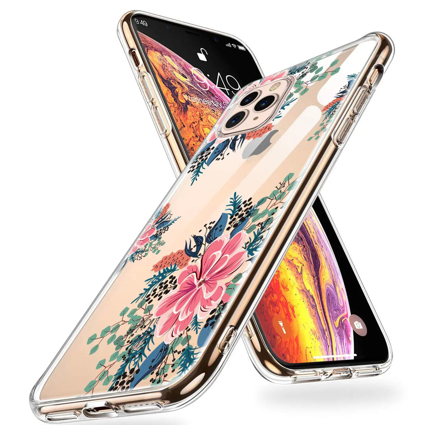 Transparente TPU-Hülle für iPhone 11 Pro Max mit farbigem Blumenmuster, schräg von vorne gezeigt.