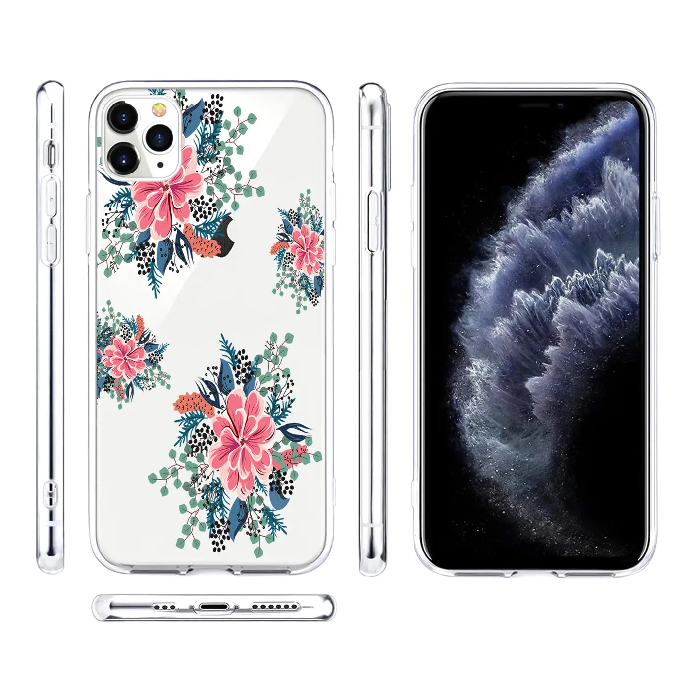 iPhone 11 Pro Max Hülle aus transparentem TPU mit pink-grünem Blumenmuster, Ansichten von Rückseite, Seiten und Front.