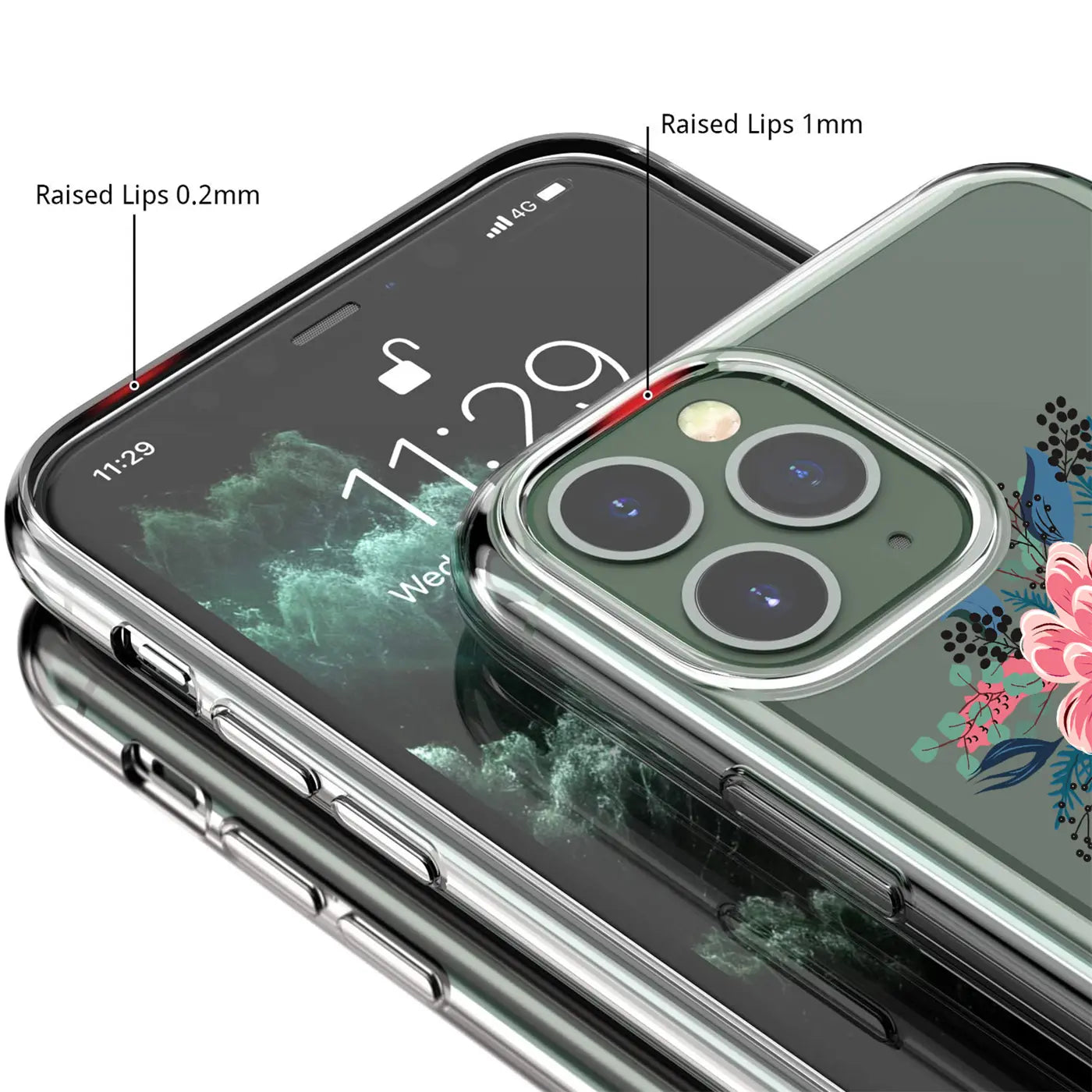 iPhone 11 Pro Max in transparenter TPU-Hülle mit Blumenmuster, Nahaufnahme von oben, zeigt erhöhte Ränder.