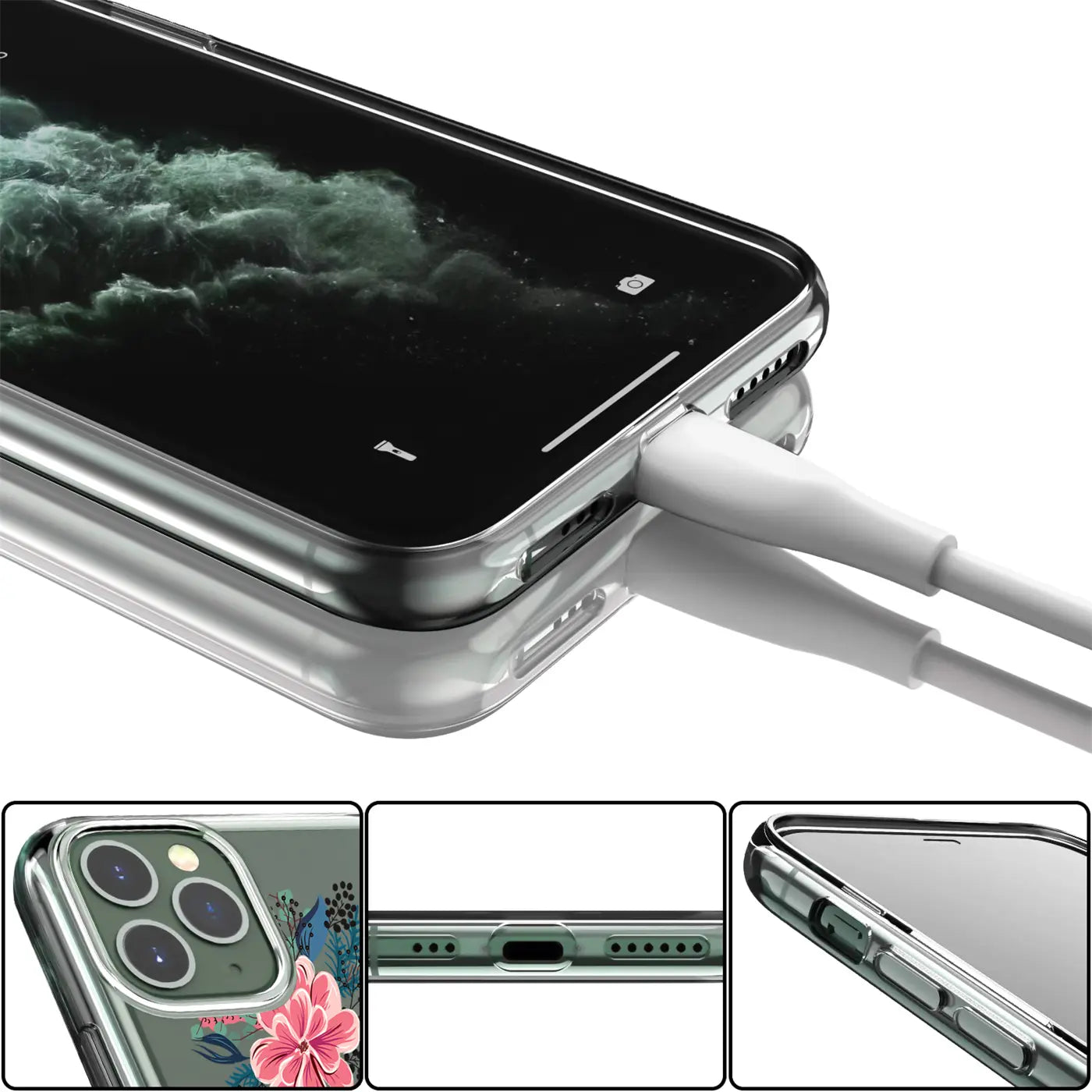 Transparentes TPU-Case mit Blumenmotiv am iPhone 11 Pro Max, von oben schräg, Ladekabel eingesteckt.