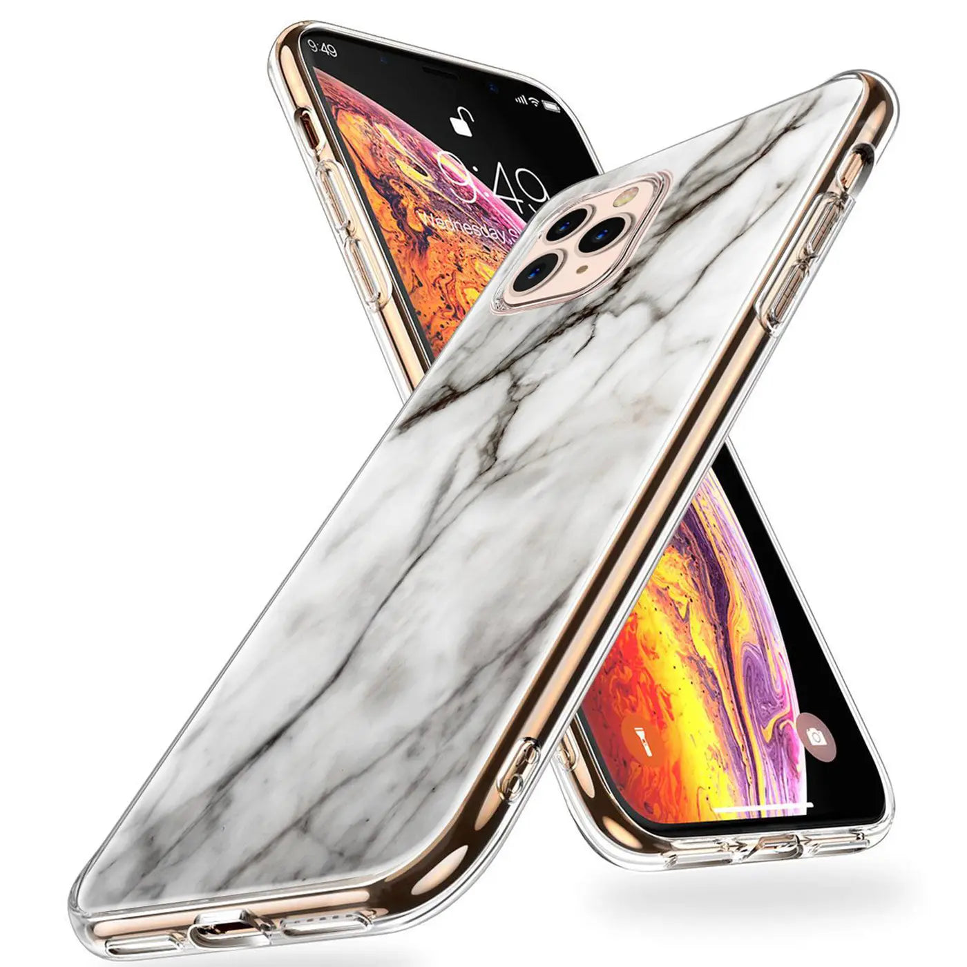 Zwei iPhone 11 Pro Max in transparenten TPU-Hüllen mit weißem Marmor-Motivdruck, goldfarbenen Rändern, schräg von oben.