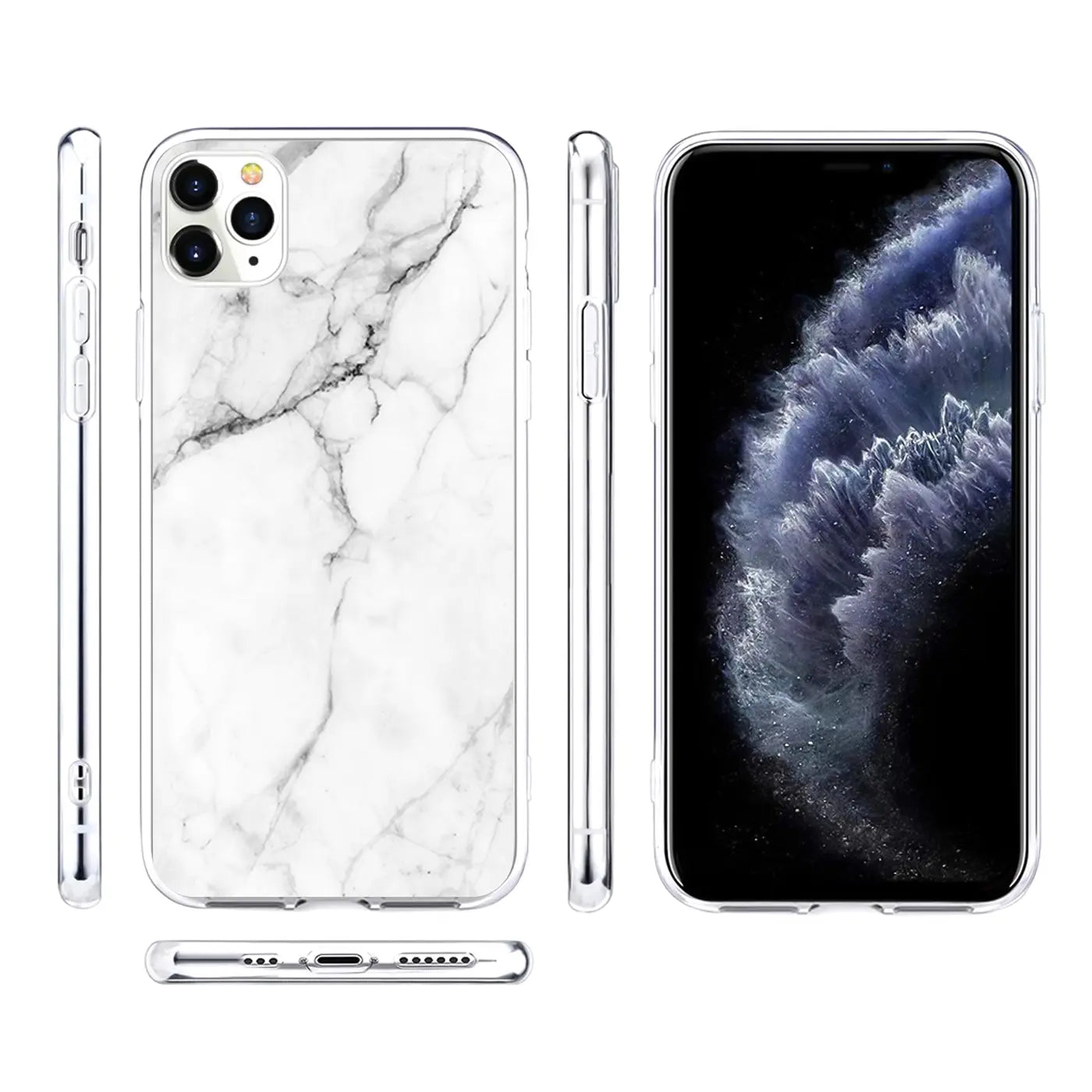iPhone 11 Pro Hülle aus transparentem TPU mit weiß-grauem Marmor-Motiv, Ansichten von Rückseite, Seiten und Unterseite.