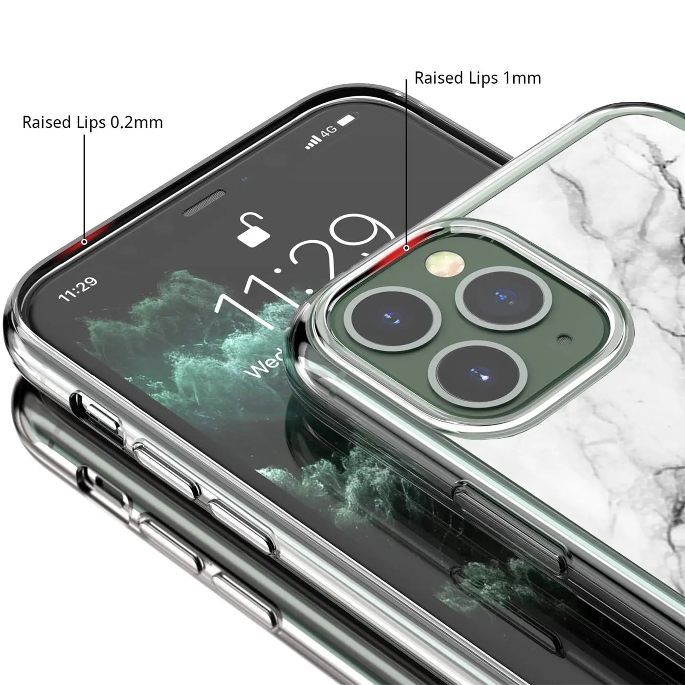Nahaufnahme eines iPhone 11 Pro in einer transparenten TPU-Hülle mit weißem Marmor-Motiv, schräg von oben.