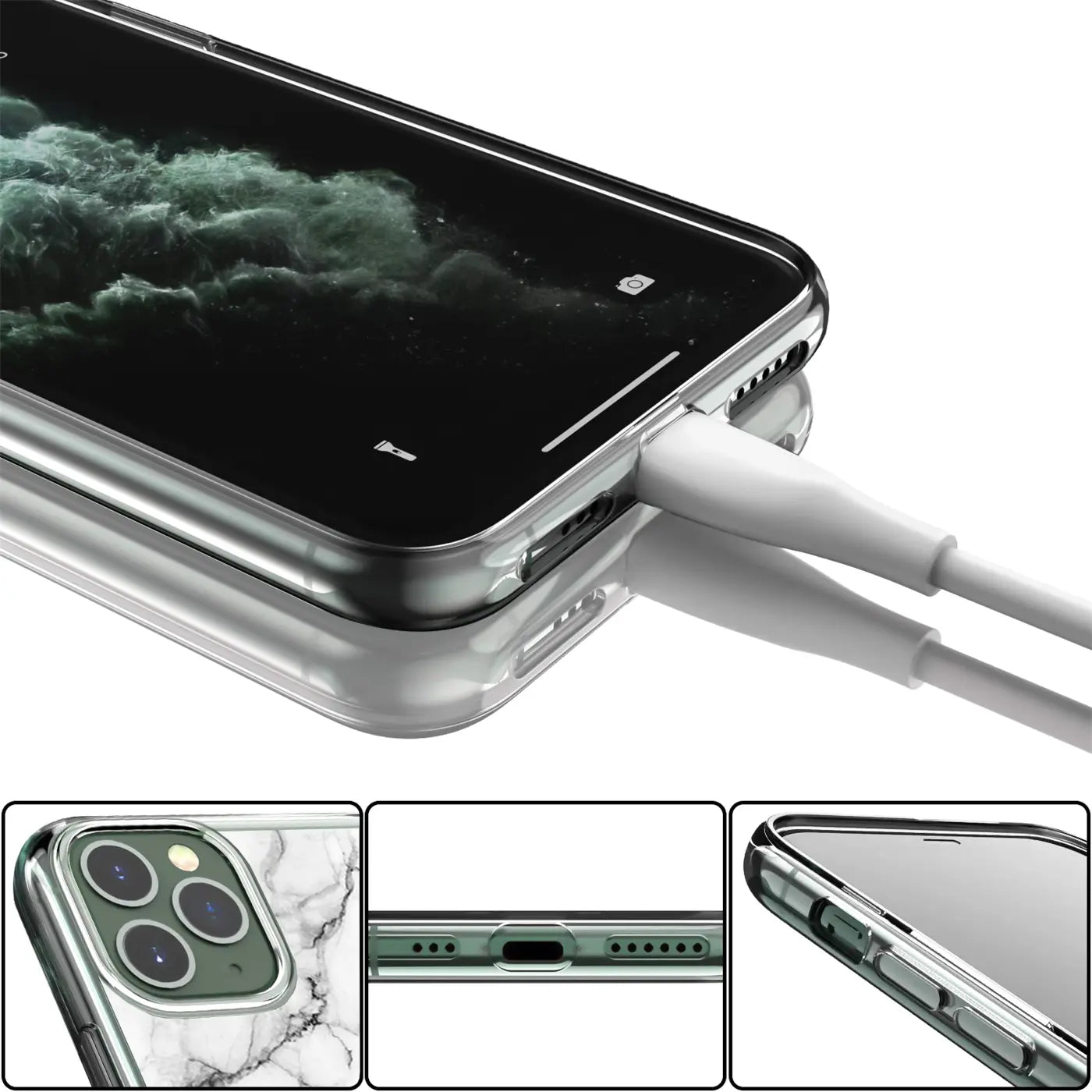 iPhone 11 Pro in transparenter TPU-Hülle mit weißem Marmor-Motiv, von oben schräg, Ladekabel eingesteckt.