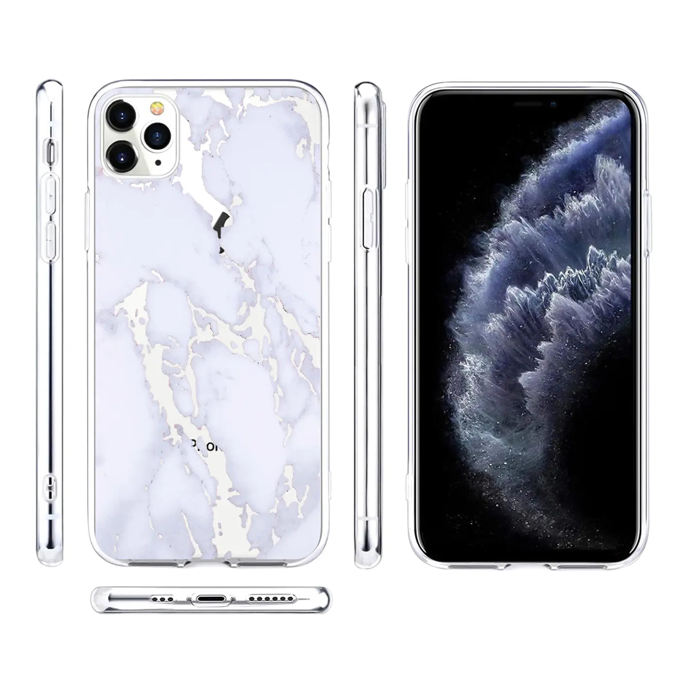 iPhone 11 Pro Max TPU-Hülle mit weiß-silbernem Marmor-Motivdruck, Rückansicht, Seitenansichten und Vorderansicht.