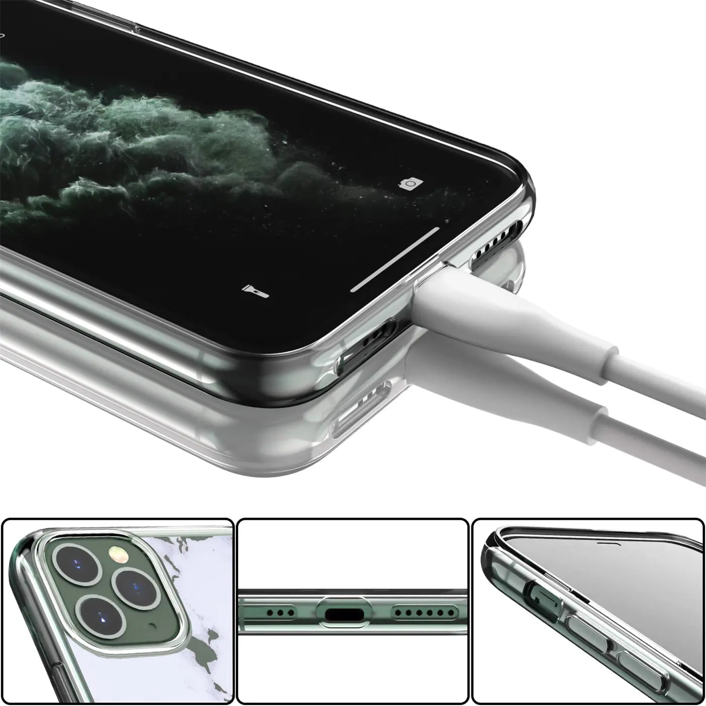 iPhone 11 Pro Max in transparenter TPU-Hülle mit Ladekabel, Nahaufnahme der Unterseite, Detailansichten.