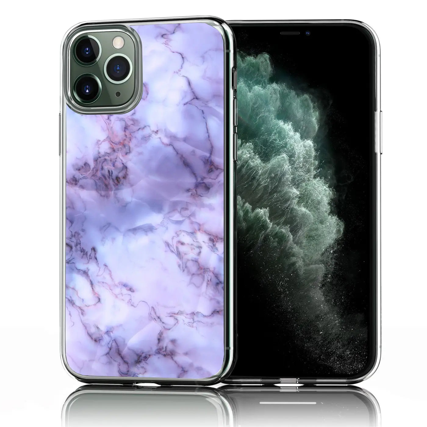 iPhone 11 Pro Max in transparenter TPU-Hülle mit lila-weißem Marmor-Motiv, schräg von hinten links.