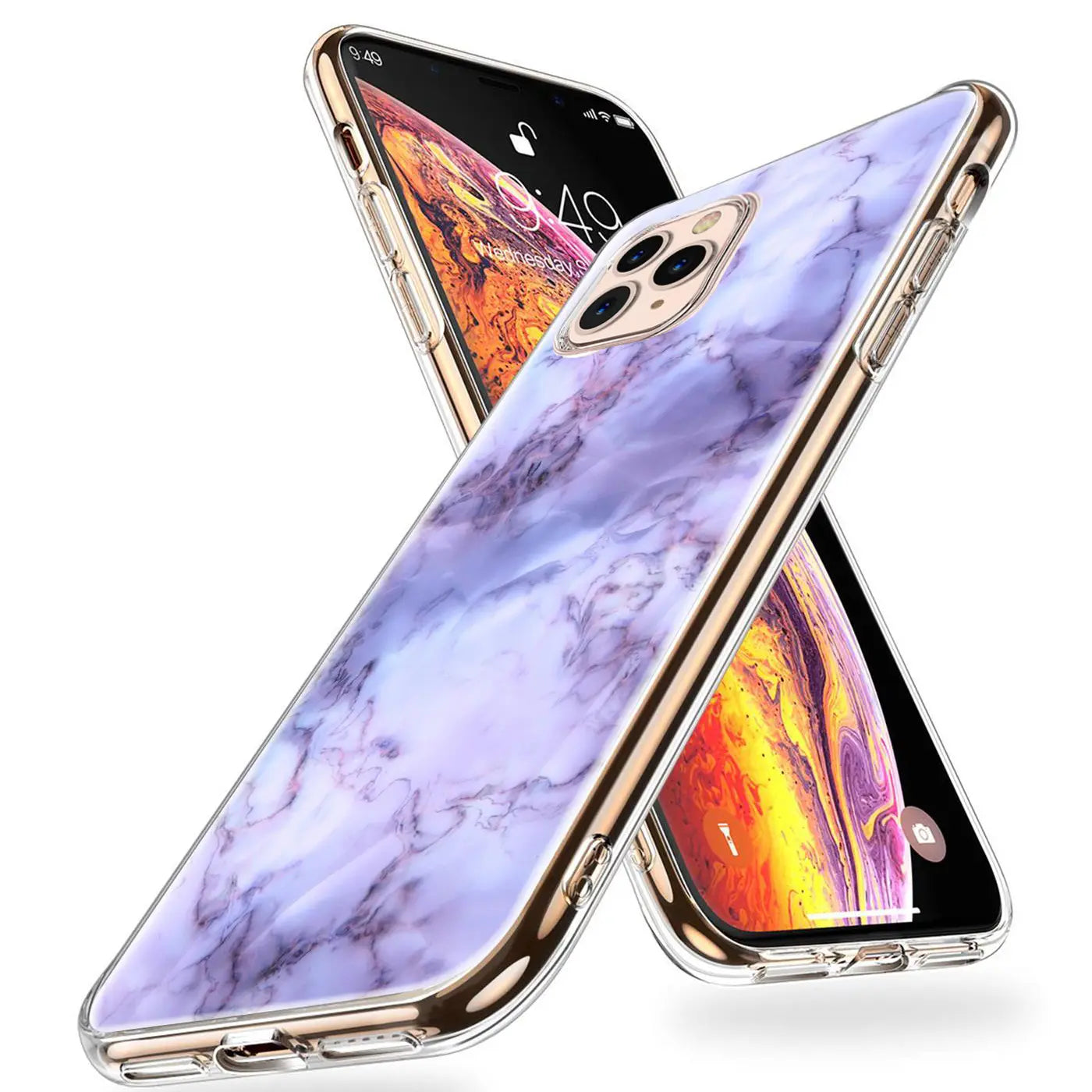 Zwei iPhone 11 Pro Max TPU-Hüllen mit lila Marmor-Motiv, goldfarbenen Rändern, schräg von oben.