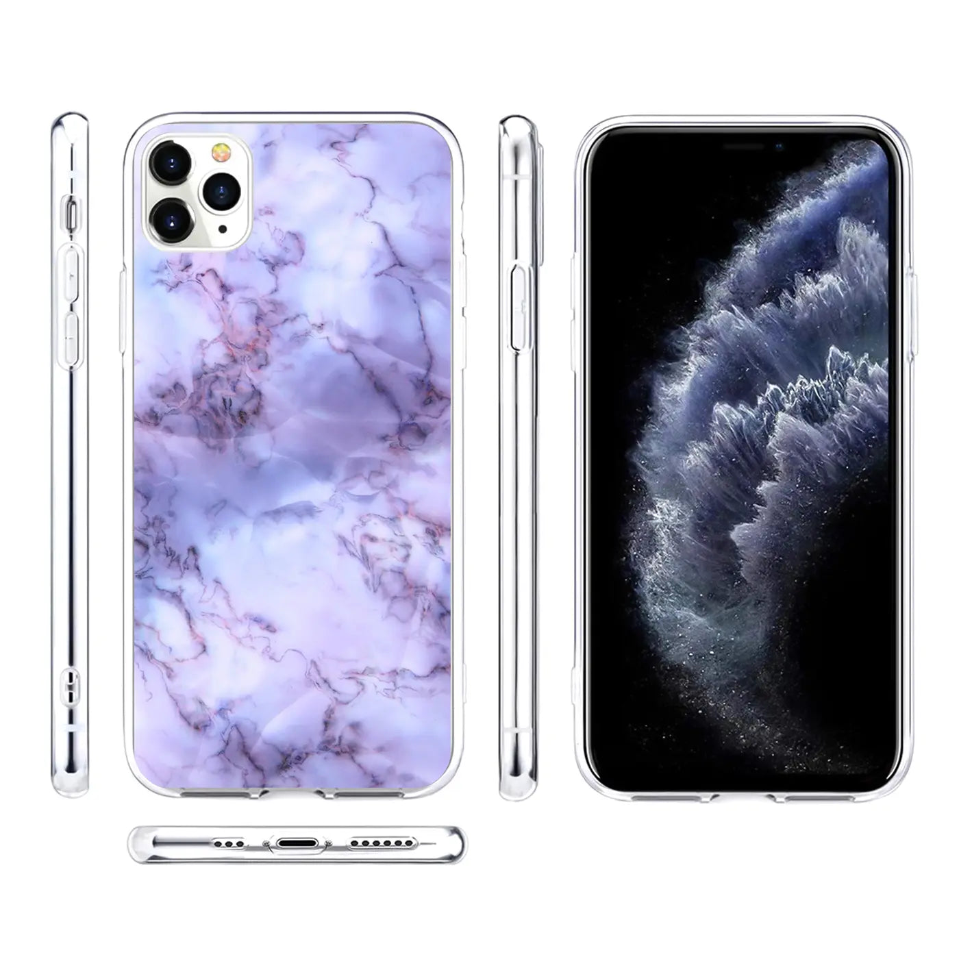 iPhone 11 Pro TPU Hülle mit lila Marmor-Motiv, Ansichten von Rückseite, Vorderseite, Seiten und Unterseite.