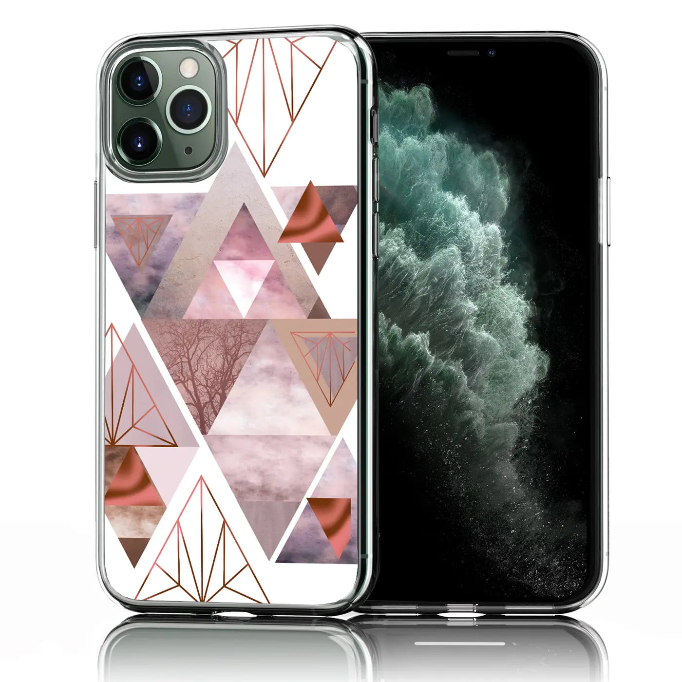 iPhone 11 Pro Max in transparenter TPU-Hülle mit geometrischem Dreiecksmuster in Roségold und Rosa, schräg von vorn.