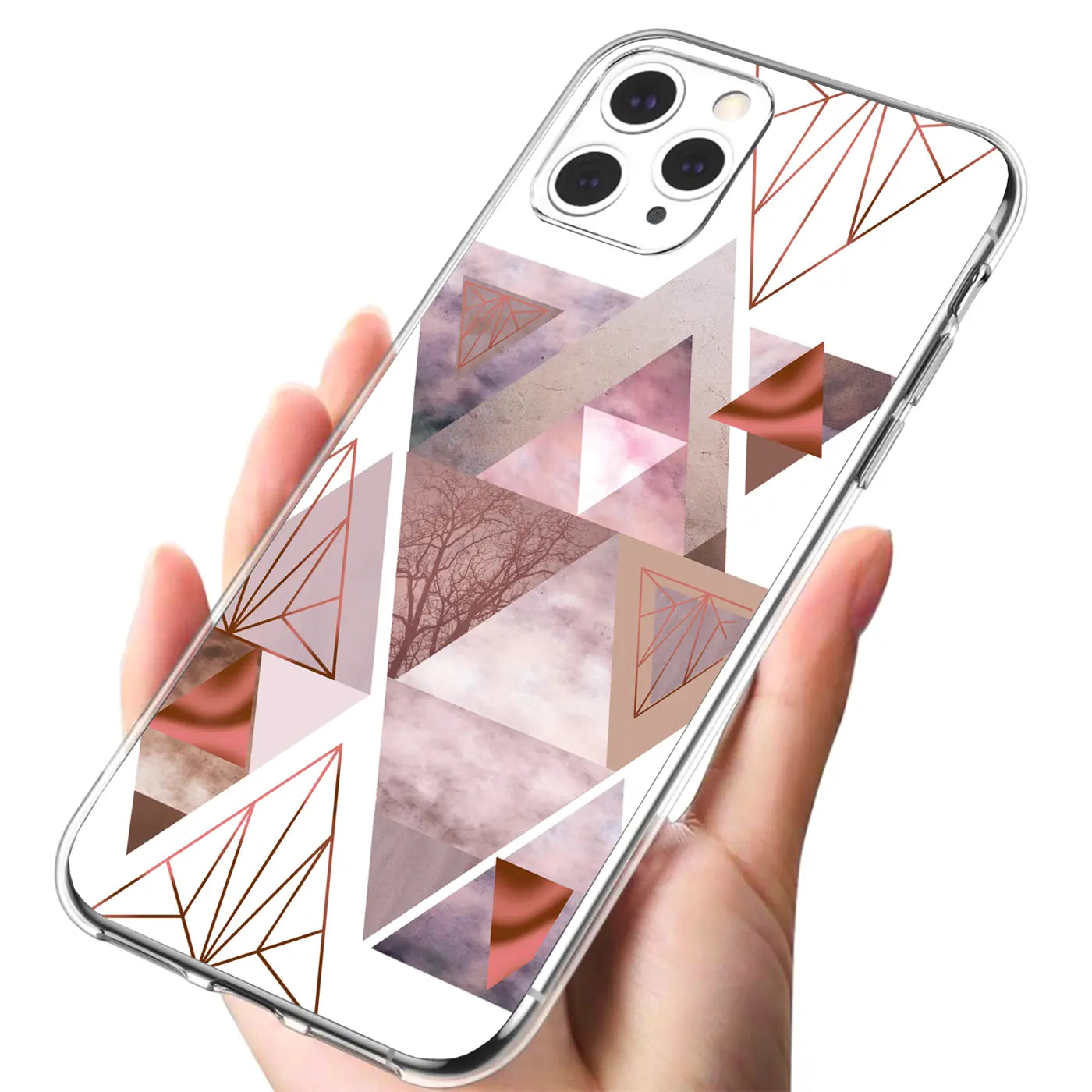 Hand hält transparentes iPhone 11 Pro TPU-Case mit geometrischem Muster in Rosa- und Brauntönen, schräg von oben.