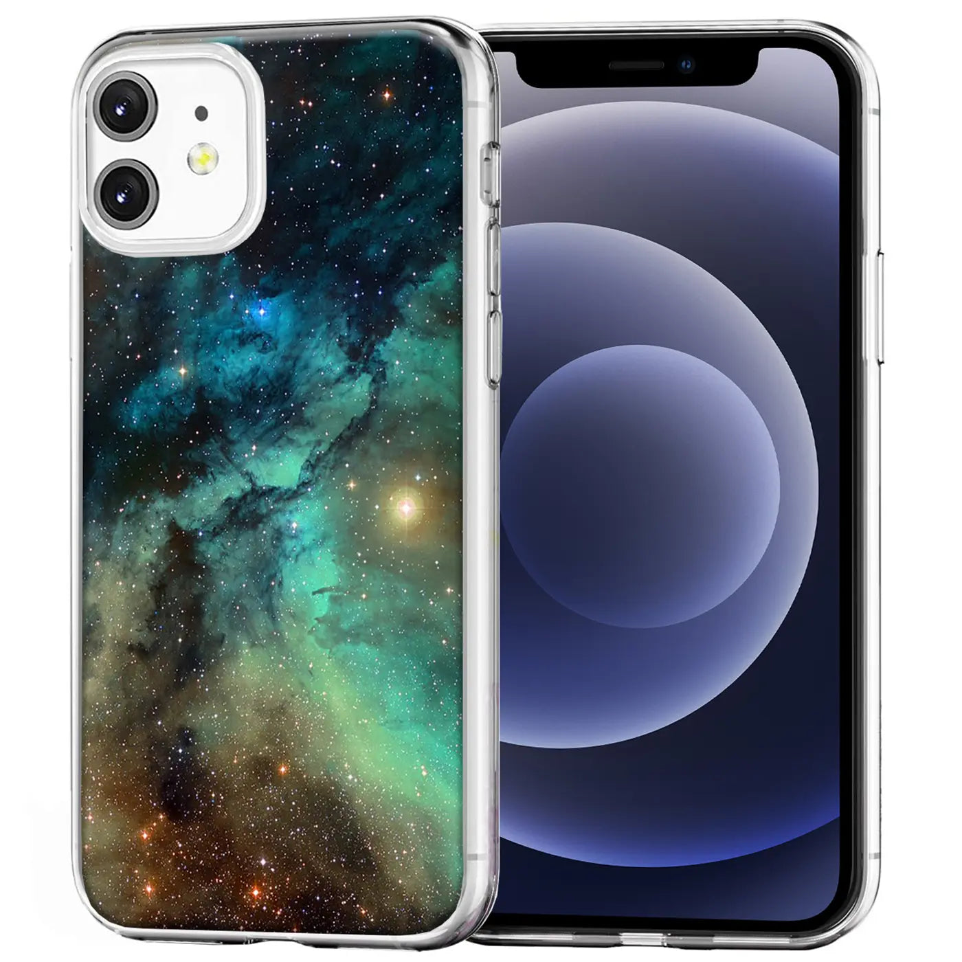 iPhone 12 Mini in transparenter TPU-Hülle mit blau-grünem Galaxie-Motivdruck, leicht schräg von hinten links.