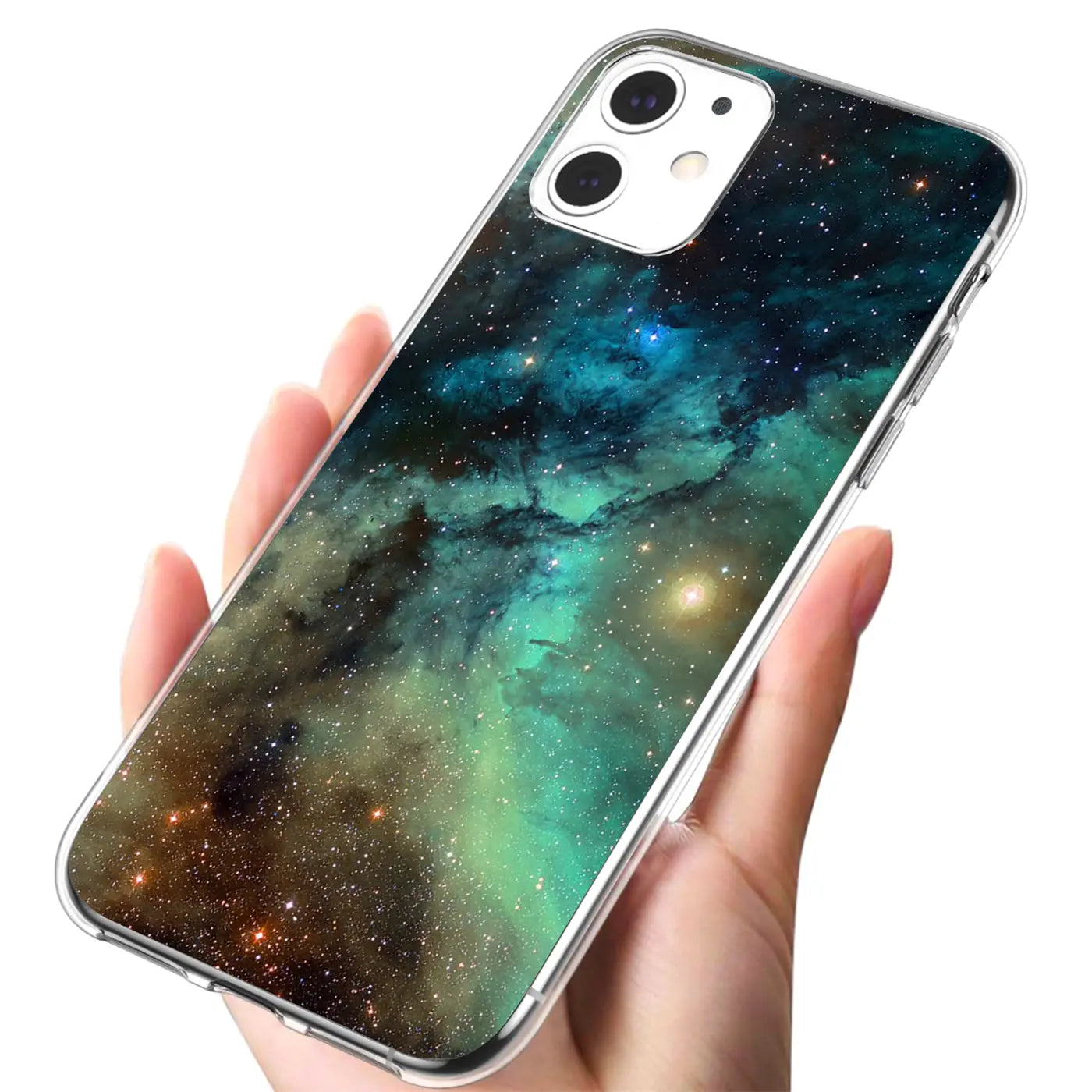 Hand hält iPhone 12 Mini mit klarer TPU-Hülle, bedruckt mit blau-grün-braunem Galaxie-Motiv, schräg von oben.