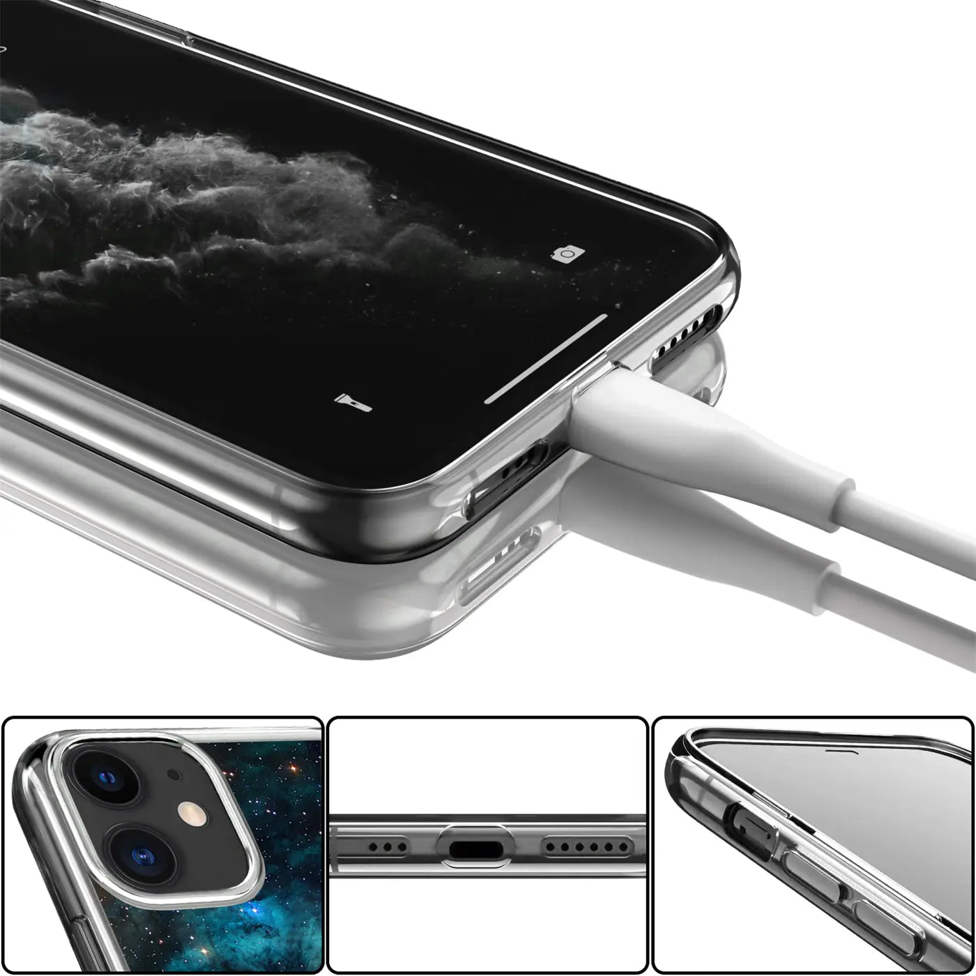 Transparentes TPU-Case mit Galaxie-Motiv für iPhone 12 Mini, von schräg oben mit Ladekabel und Detailansichten.