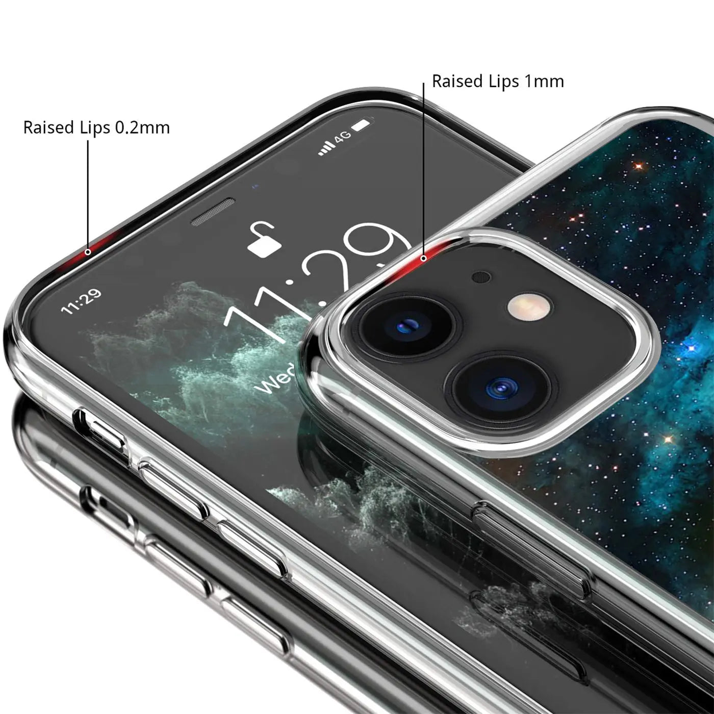 Nahaufnahme eines iPhone 12 Mini in transparenter TPU-Hülle mit Weltraum-Motivdruck, schräg von oben.