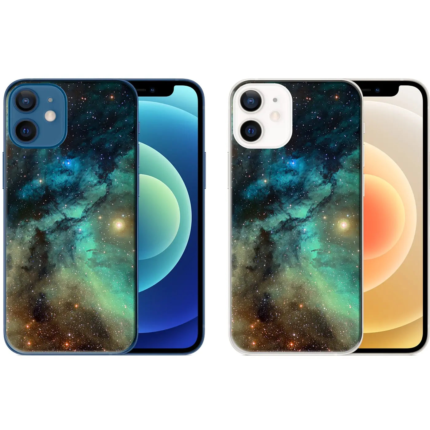 Zwei iPhone 12 Mini mit TPU-Hüllen von hinten, Motiv: blaue/grüne Galaxie mit Sternen. Links blaues, rechts weißes Handy.