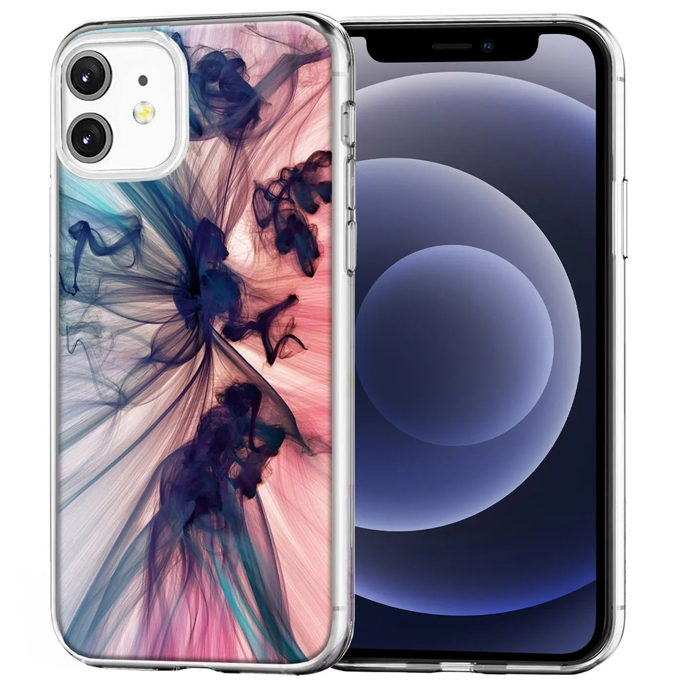 iPhone 12 Mini in transparenter TPU-Hülle mit pink-blauem, abstraktem Motivdruck, leicht von oben rechts.