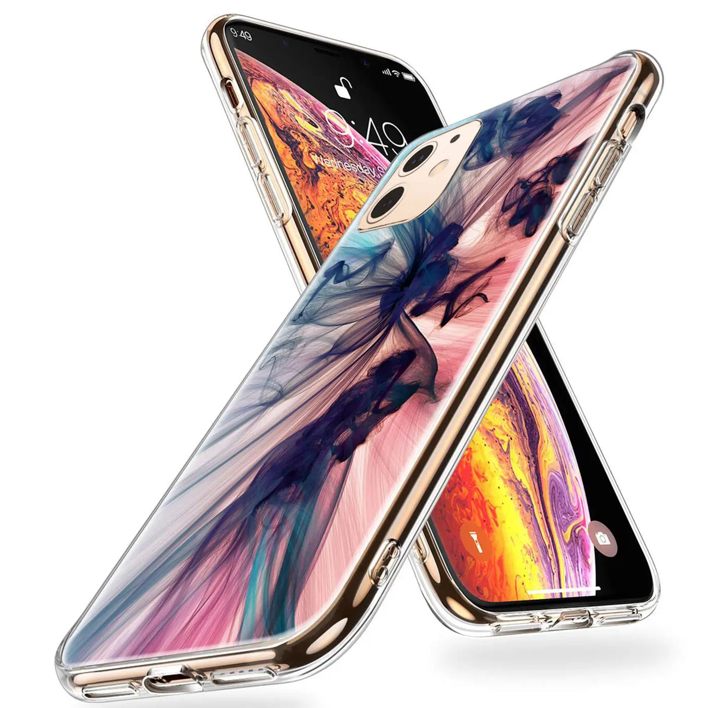 Zwei iPhone 12 Mini in transparenten TPU-Hüllen, eine mit blau-pinkem Motivdruck, schräg von oben.