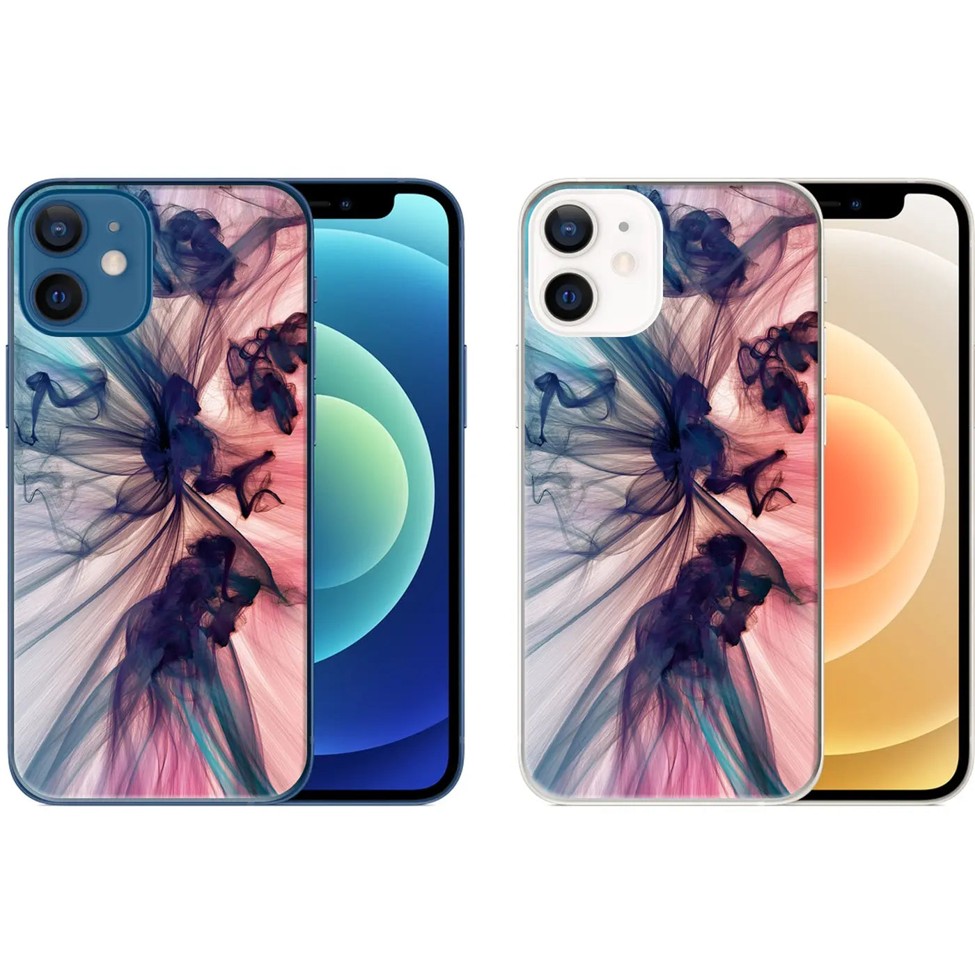 Zwei iPhone 12 Mini mit TPU-Hüllen von hinten. Links blaues Handy, rechts weißes. Beide Hüllen mit abstraktem Muster in.