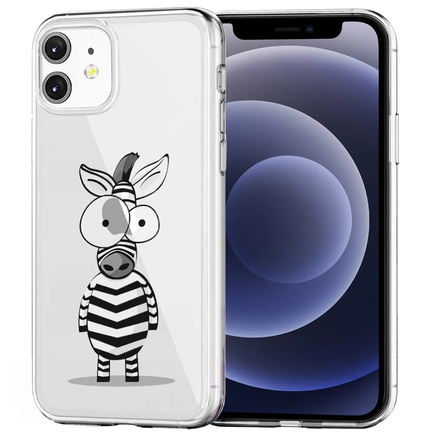 Transparente TPU-Hülle für iPhone 12 Mini, Rückseite mit schwarz-weißem Zebrabild, schräg von vorne.