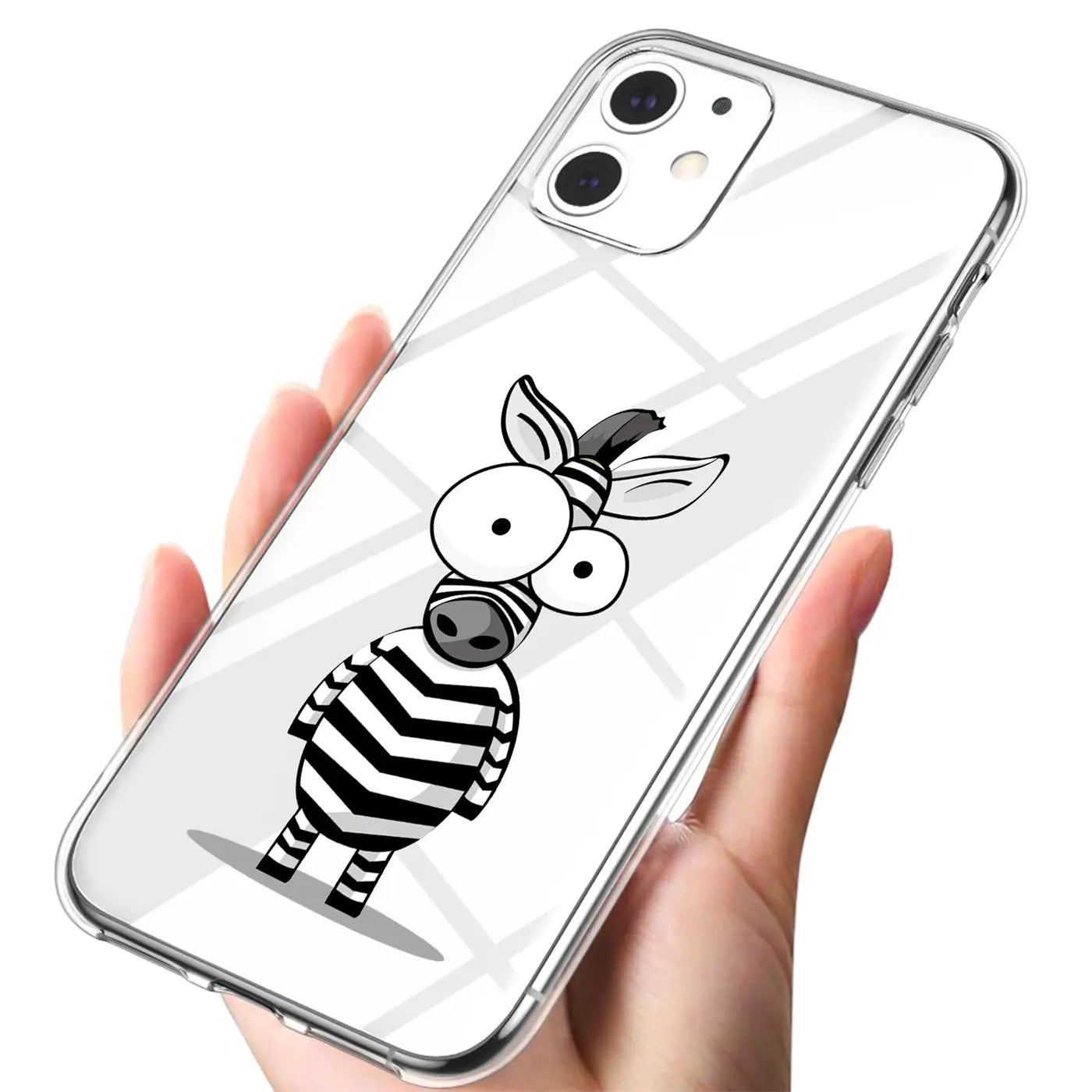 Transparente TPU-Hülle für iPhone 12 Mini, von Hand gehalten, mit schwarzem Zebrastreifen-Motivdruck.