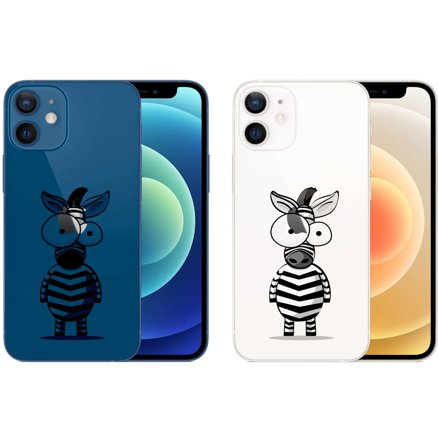 Zwei iPhone 12 Mini in TPU-Hüllen mit Zebradruck. Links blau mit schwarzem Zebra, rechts weiß mit schwarz-weißem Zebra.