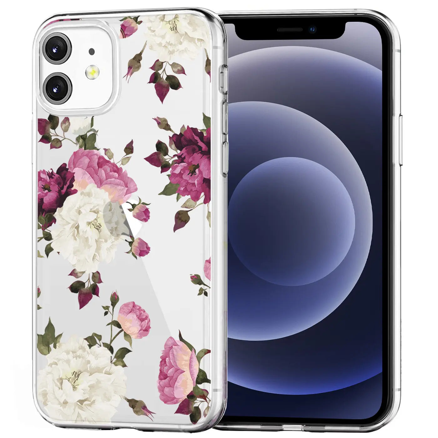 Transparente TPU-Hülle für iPhone 12 Mini mit weißem, rosa und dunkelrotem Blumenmuster, leicht schräg von hinten links.