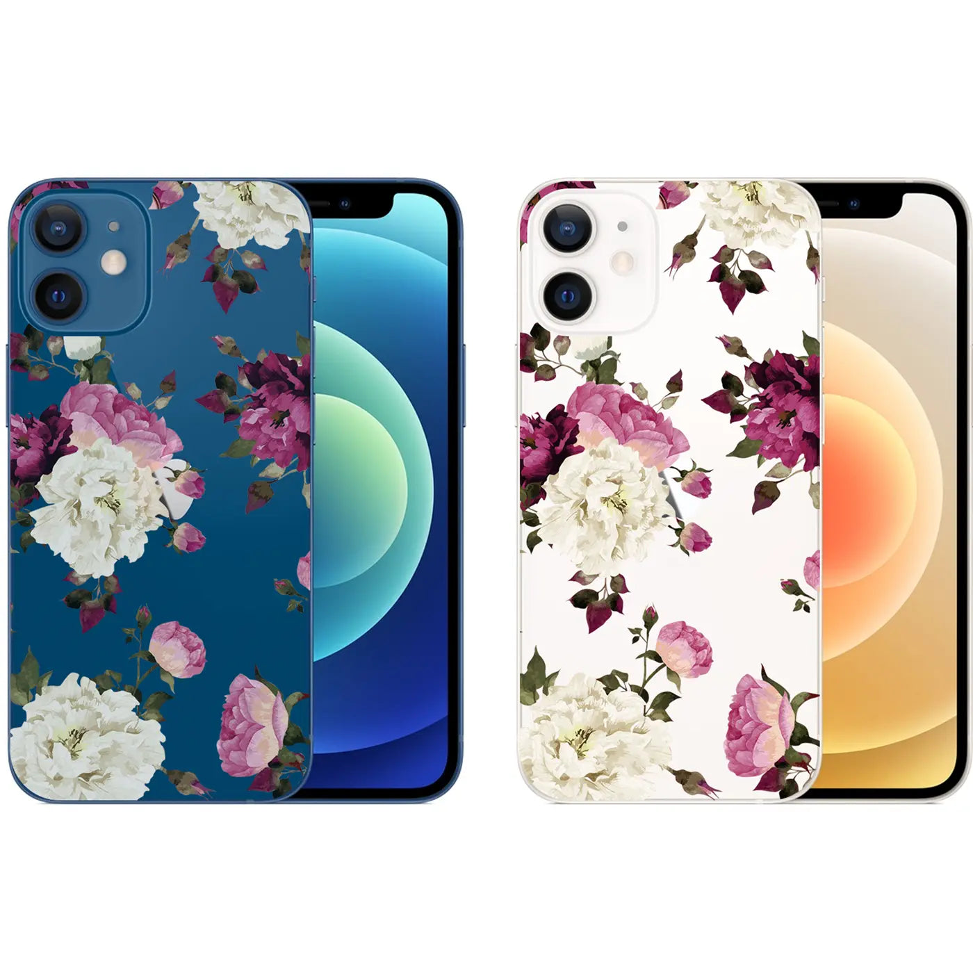 Zwei iPhone 12 Mini TPU-Hüllen mit Blumenmuster: links blau, rechts weiß, beide mit rosa und weißen Blüten.