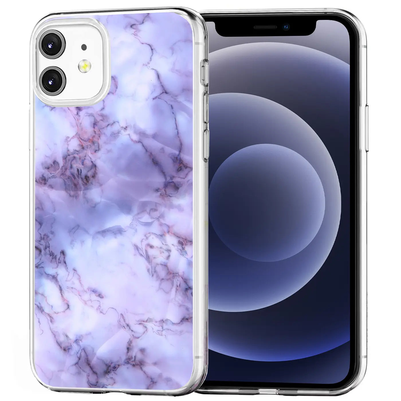 iPhone 12 Mini in transparenter TPU-Hülle mit lila-weißem Marmor-Motivdruck, leicht schräg von vorne rechts.