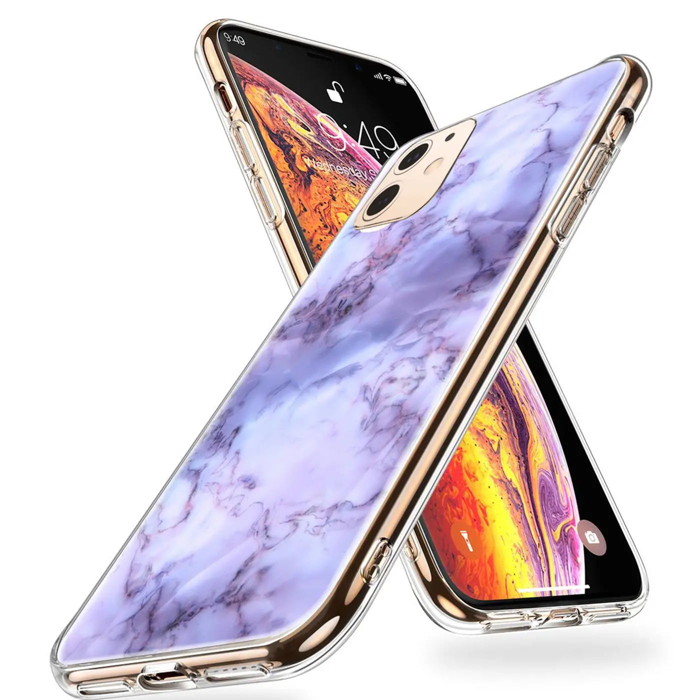 Zwei goldene iPhone 12 Mini mit transparenter TPU-Hülle, eine mit lila Marmor-Muster, schräg von oben.