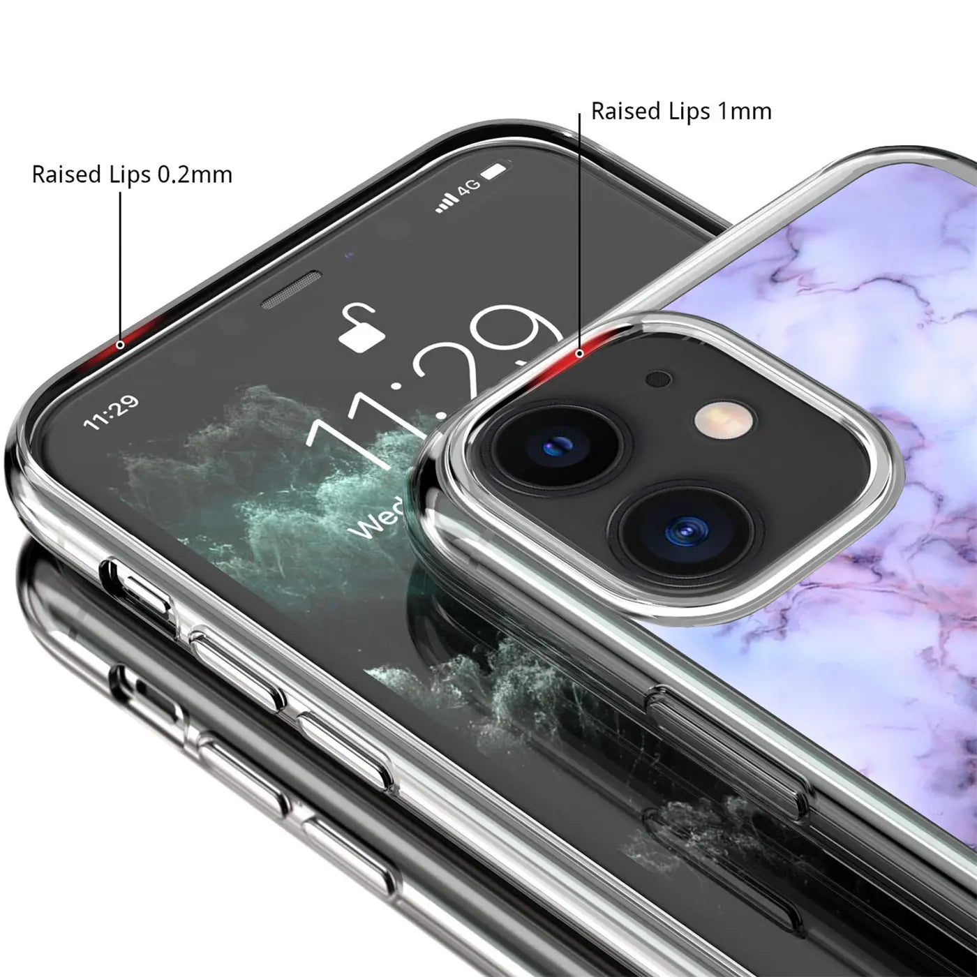 Nahaufnahme eines iPhone 12 Mini in einer transparenten TPU-Hülle mit lila Marmor-Motiv, schräg von oben.