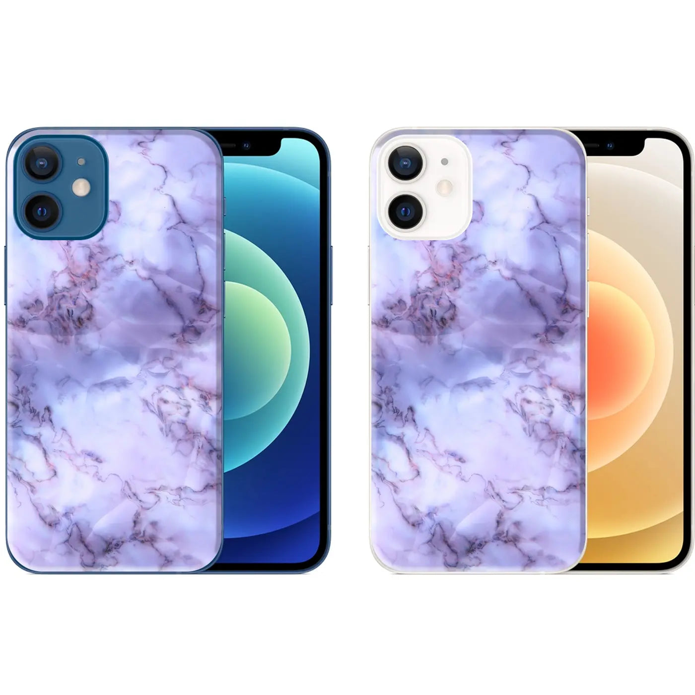 Zwei iPhone 12 Mini mit lila-weiß marmorierter TPU-Hülle, einmal von hinten, einmal von schräg hinten.