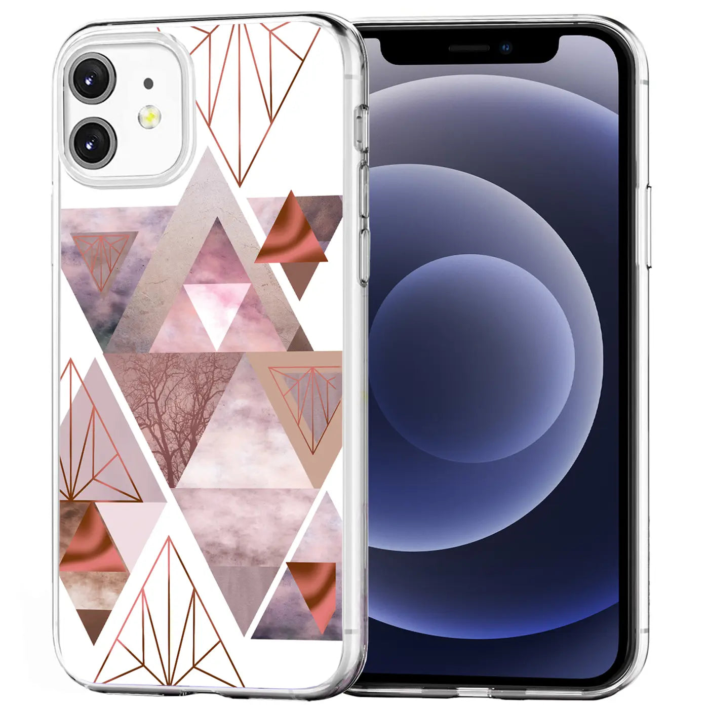 iPhone 12 Mini TPU-Hülle, transparent mit rosa/braunem Dreiecksmuster, schräg von hinten rechts.