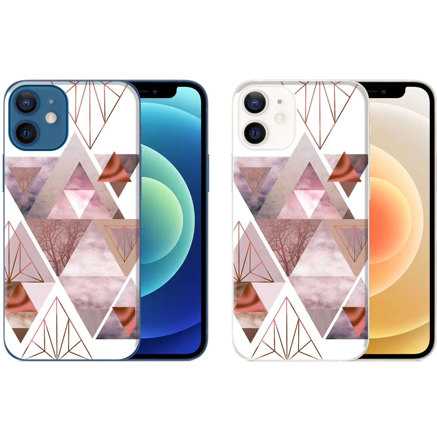 Zwei iPhone 12 Mini TPU-Hüllen mit geometrischem Muster in Roségold, Weiß und Grau, von vorne.