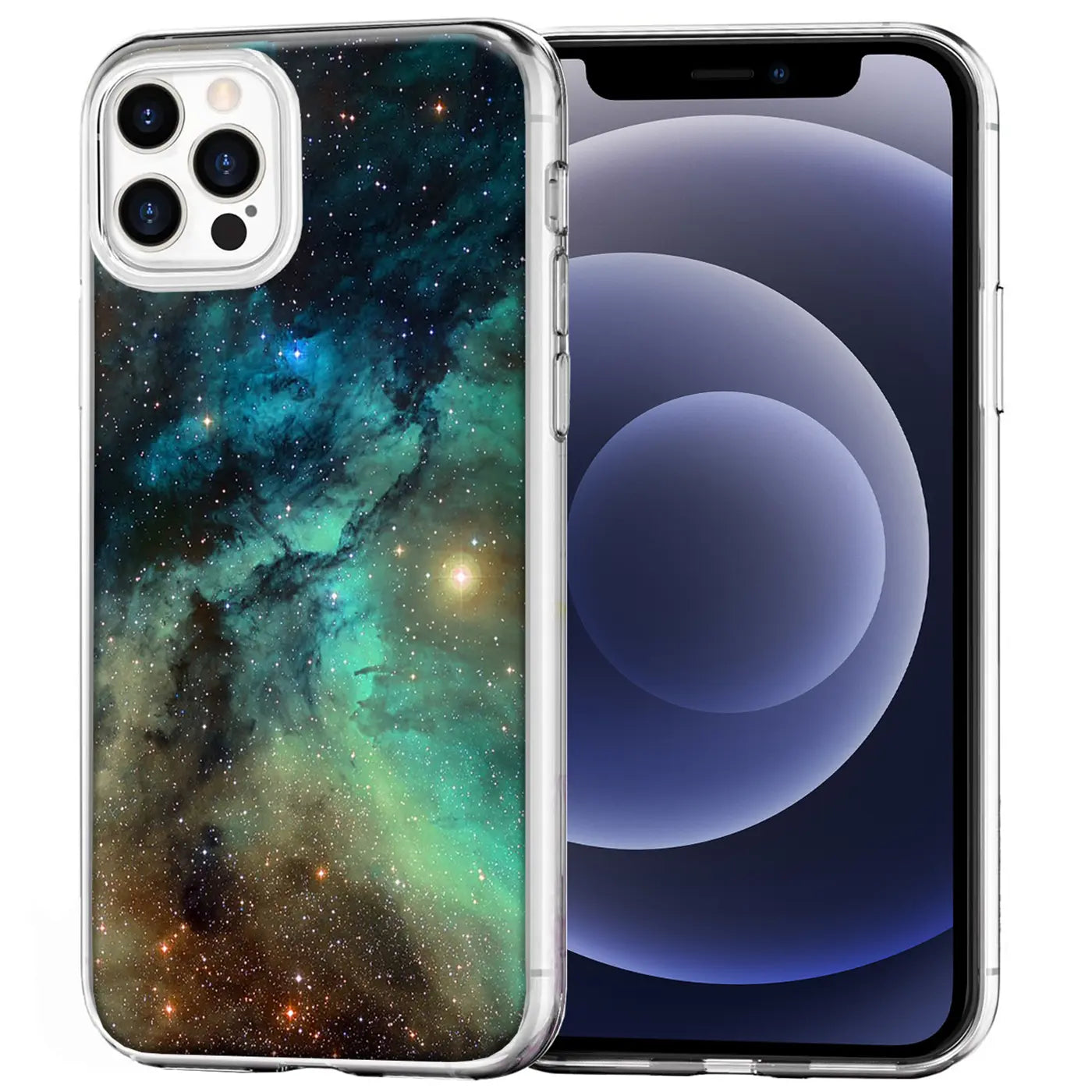 iPhone 12/12 Pro Hülle aus transparentem TPU mit Weltraum-Motiv, von vorne.