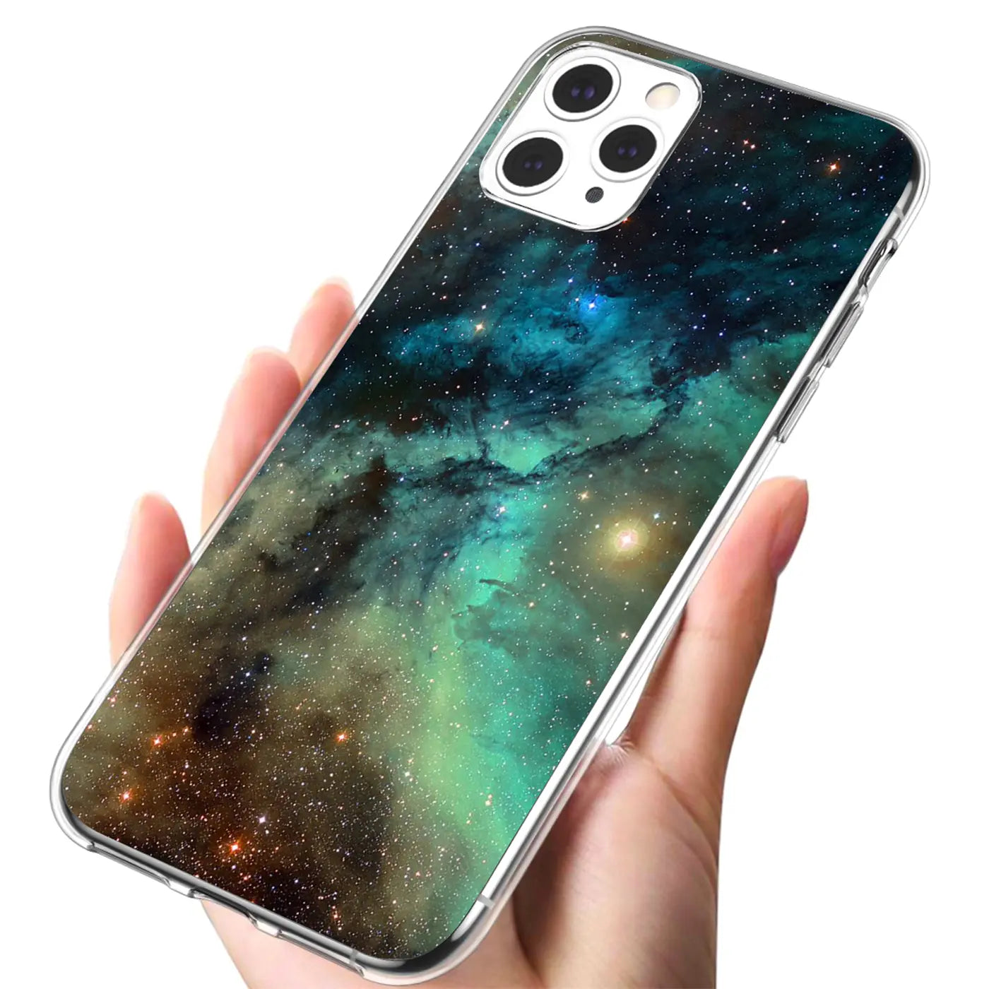 iPhone 12 Pro Hülle aus TPU mit Weltraum-Motiv, von vorne gehalten.