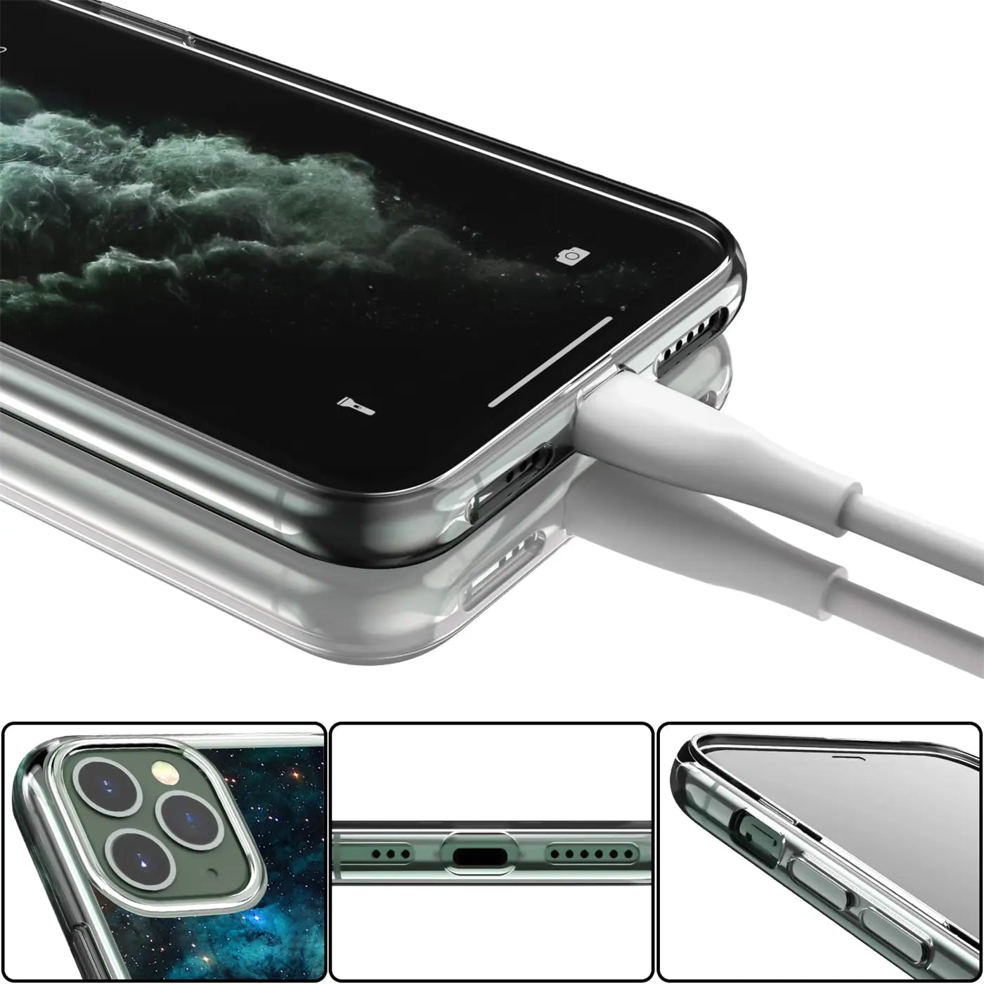 iPhone 12 Pro in klarer TPU-Hülle, Ladeanschluss, Rückseite mit Motivdruck.