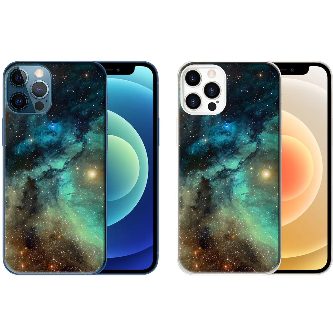 Zwei iPhone 12/12 Pro Hüllen mit Weltraum-Motiv, TPU, Vorderansicht.