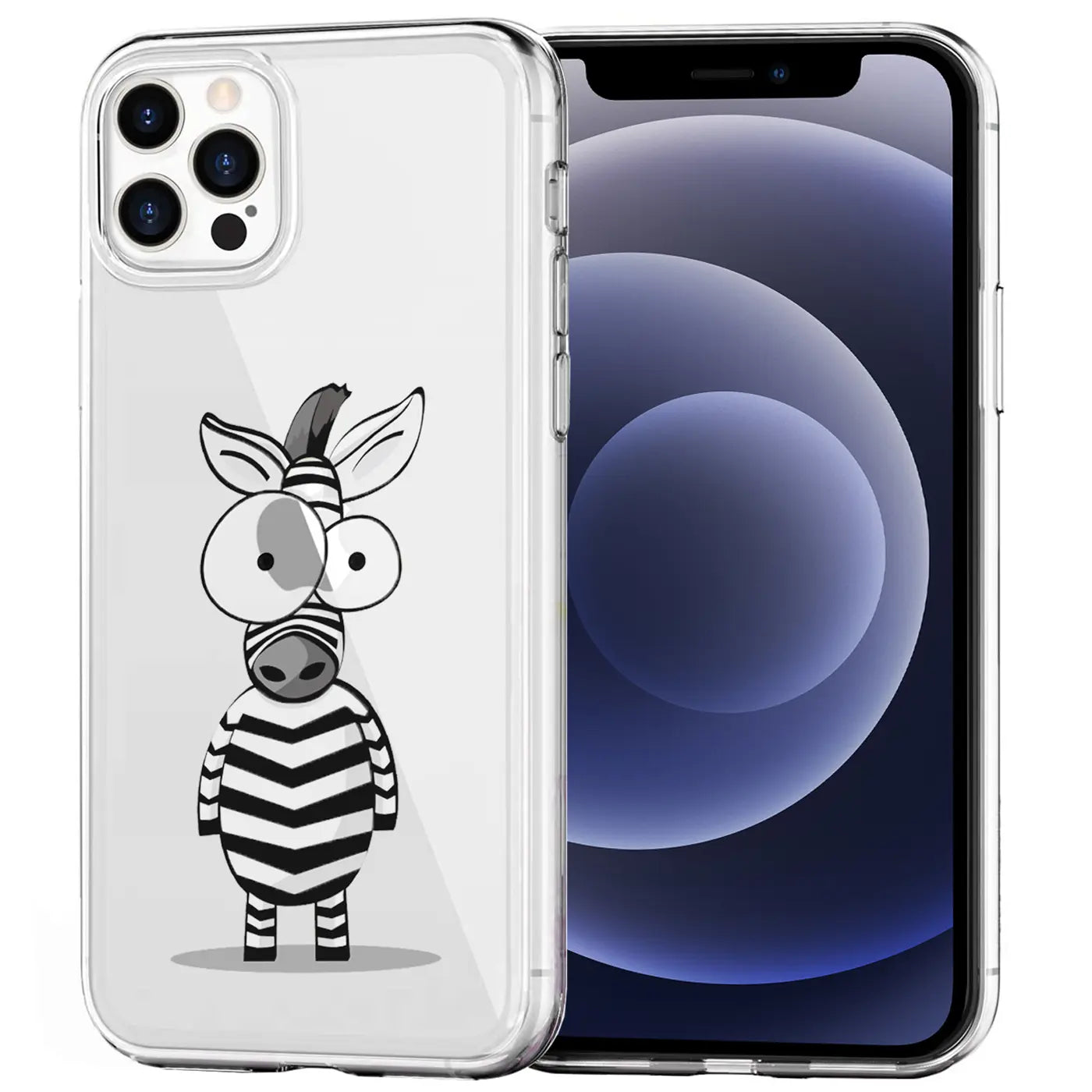 Klar transparente TPU-Hülle mit Zebradesign für iPhone 12 / 12 Pro, Vorderansicht.