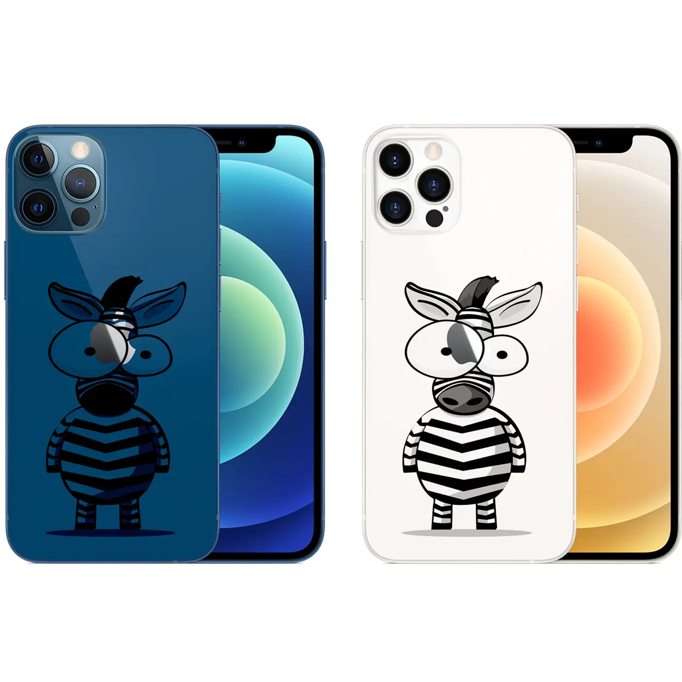 Zwei iPhone 12 Hüllen, blau und weiß, mit Zebra-Motiv. TPU.