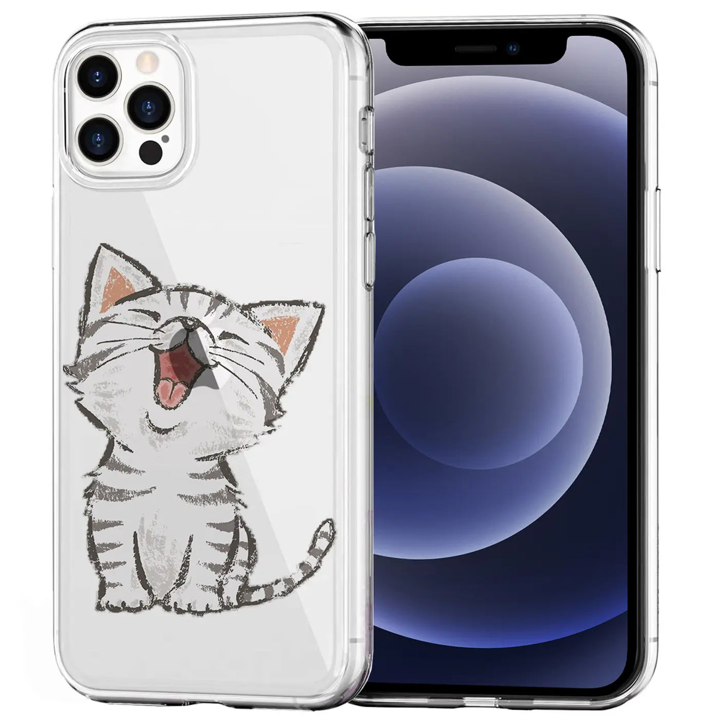 iPhone 12 Pro mit transparenter TPU-Hülle, Motiv: lachende Katze, von vorne